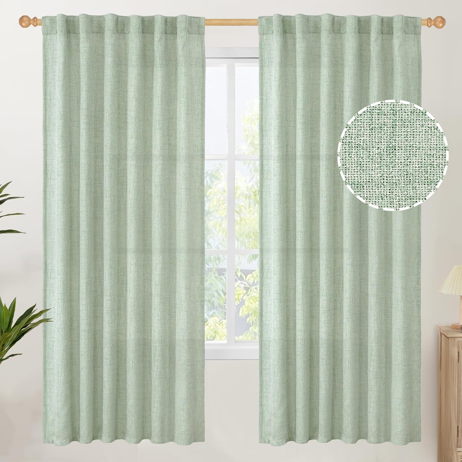 YoungsTex Sage Green Linen Curtains for Living Room 2 Panels, Semi Sheer Drapes Boho Light