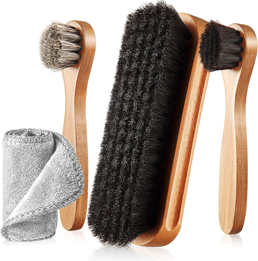 4 Pcs Horsehair Shine Shoes Brush Kit Polish Dauber Applicators Cleaning Leather Shoes Boots Care