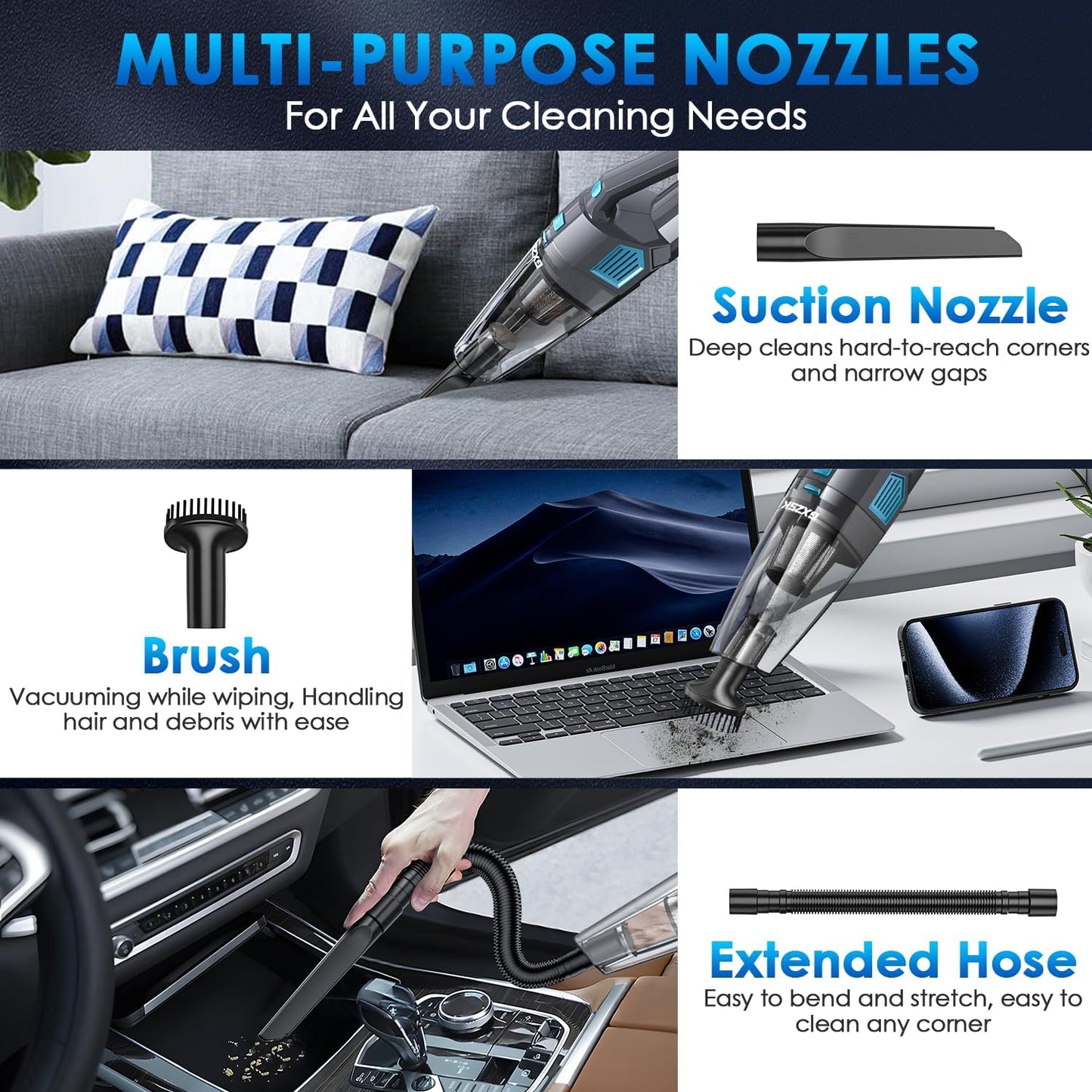 Handheld Vacuum Cordless, 15000PA Strong Suction Hand Held Car Vacuum Cleaner Rechargeable