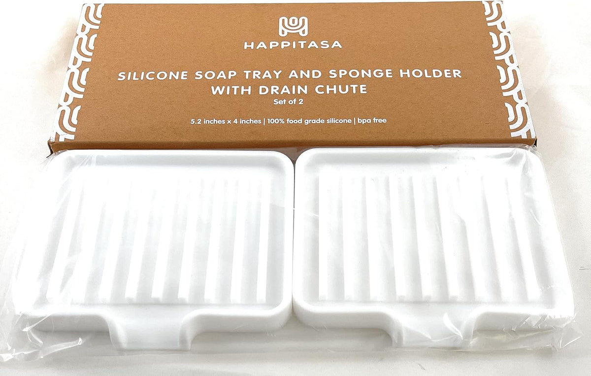 Happitasa Silicone Soap Dish Tray and Sponge Holder with Drain Chute, Pack of 2 | Bathroom and