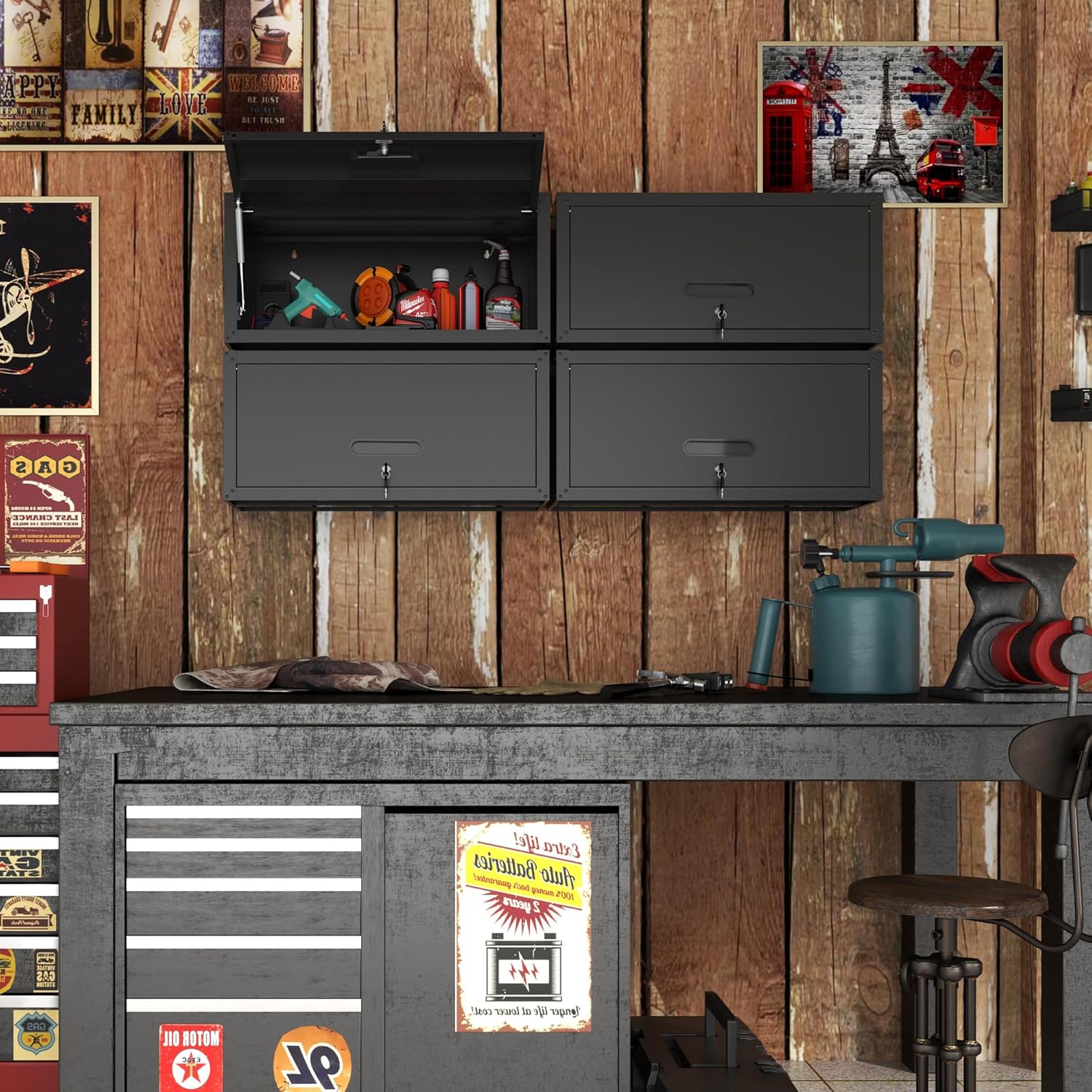 Garage Wall Cabinet with Flip-Up Door, Lockable Metal Storage Cabinet Wall Mounted, Hanging Tool