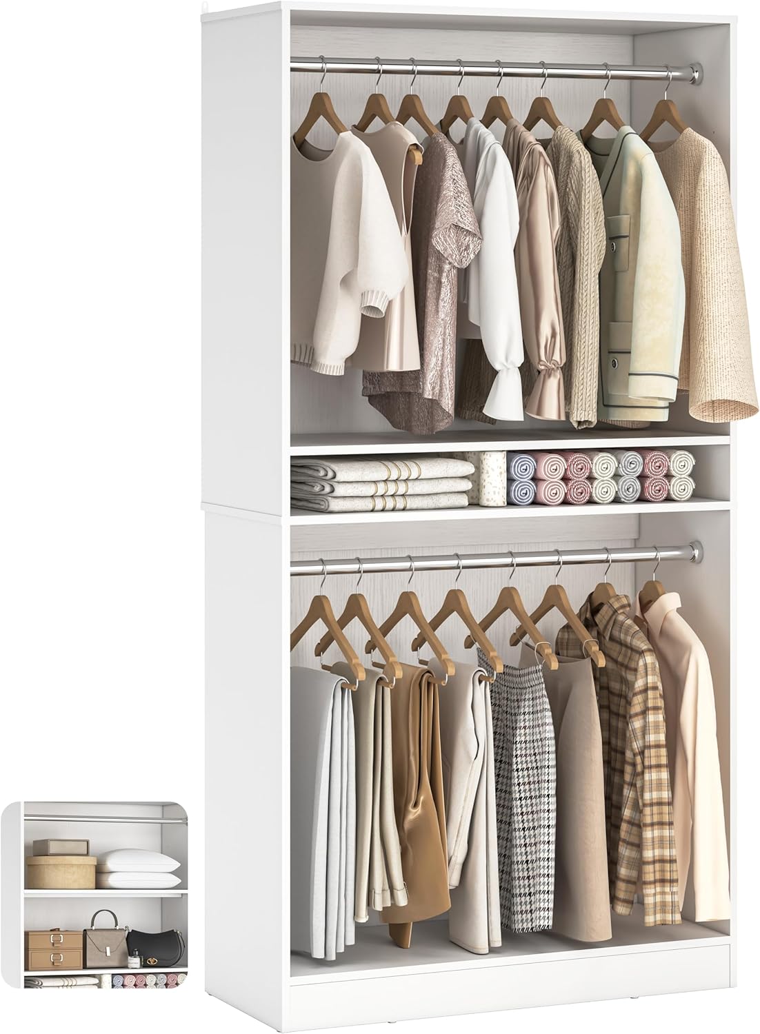 Unikito 3FT Freestanding Closet System with 2 Hanging Rods & Adjustable Shelve, 36'' Wood Closet