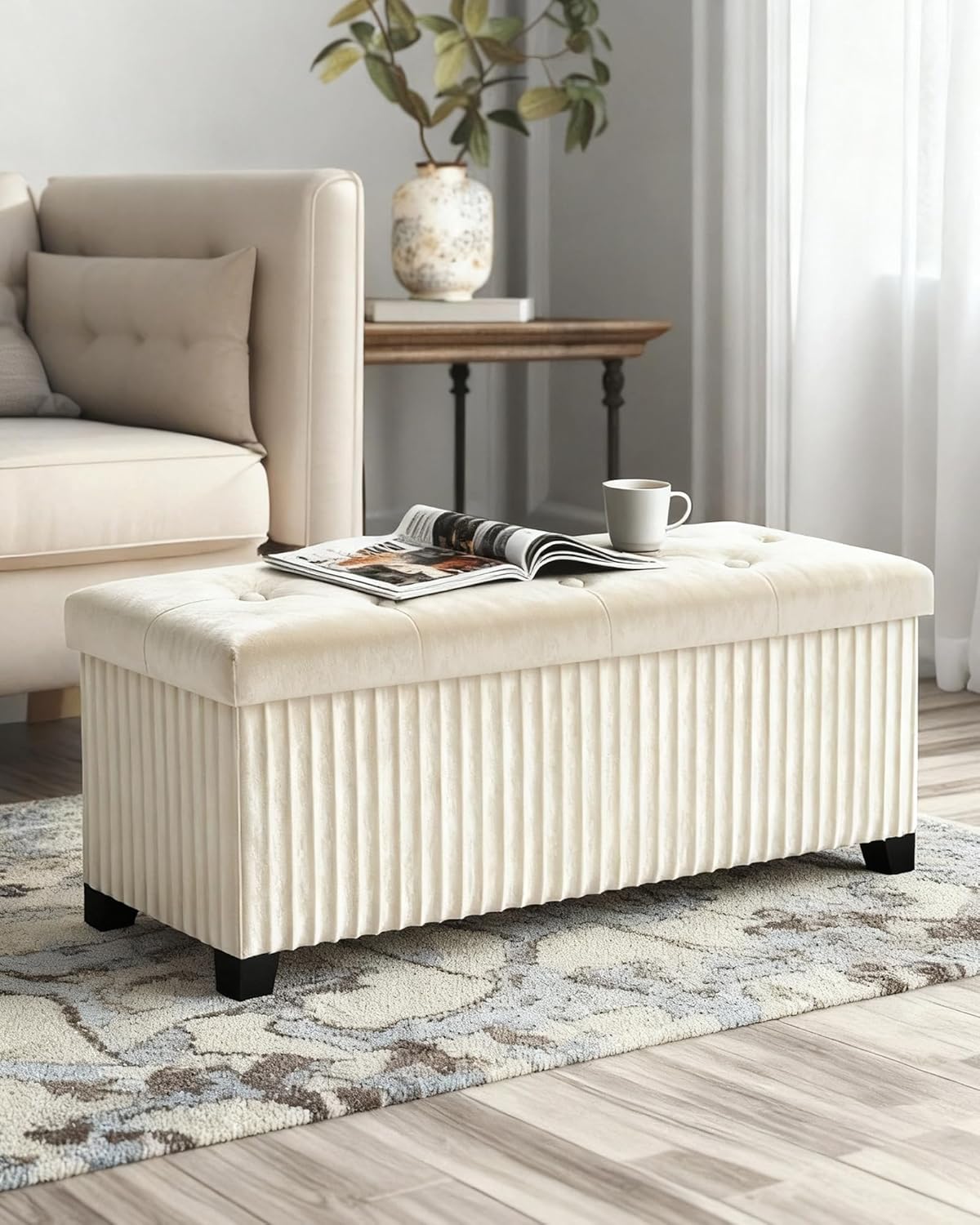 Storage Ottoman Bench, 43 Inch Foldable Ottoman with Legs, Velvet Foot Rest Stool, End of Bed