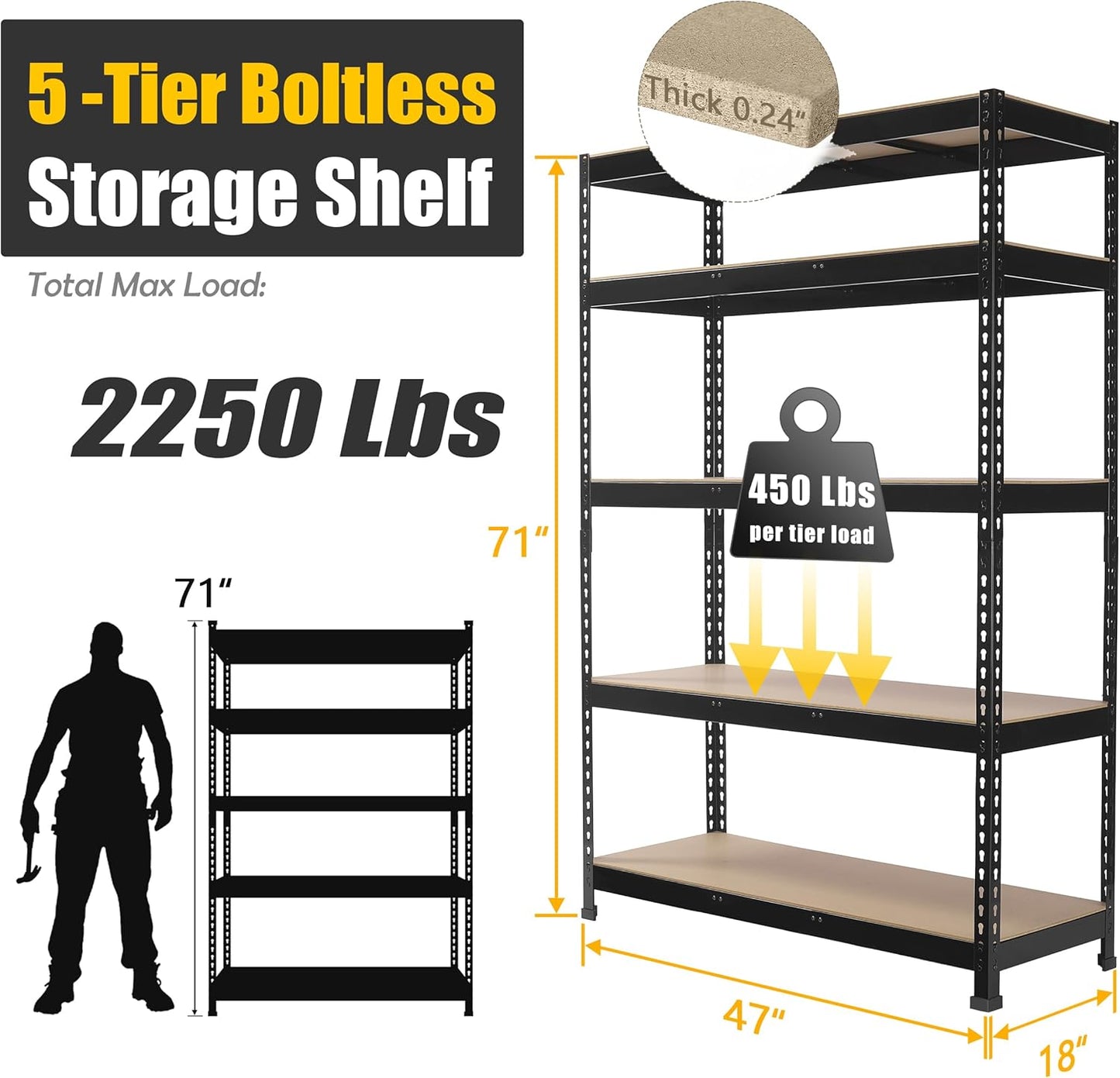 PrimeZone 8 Pack Heavy Duty Storage Shelves - 47" W x 18" D x 71" H 5 Tier Adjustable Garage