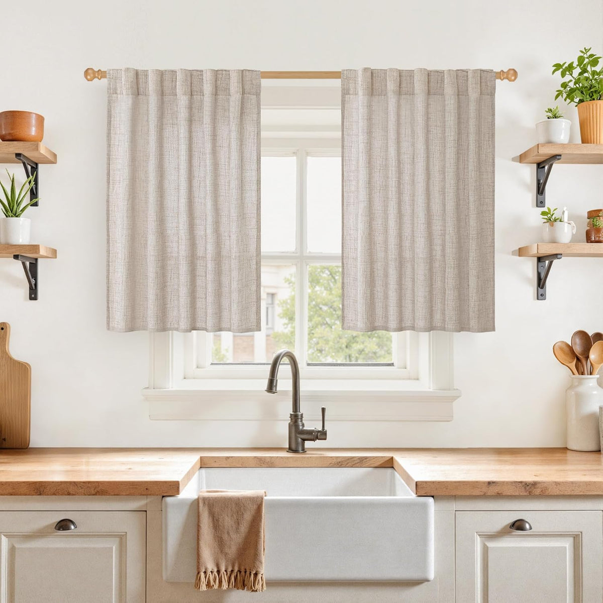 YoungsTex Linen Kitchen Curtains 36 Inches Long for Over Sink, Short Semi Sheer Drapes Light