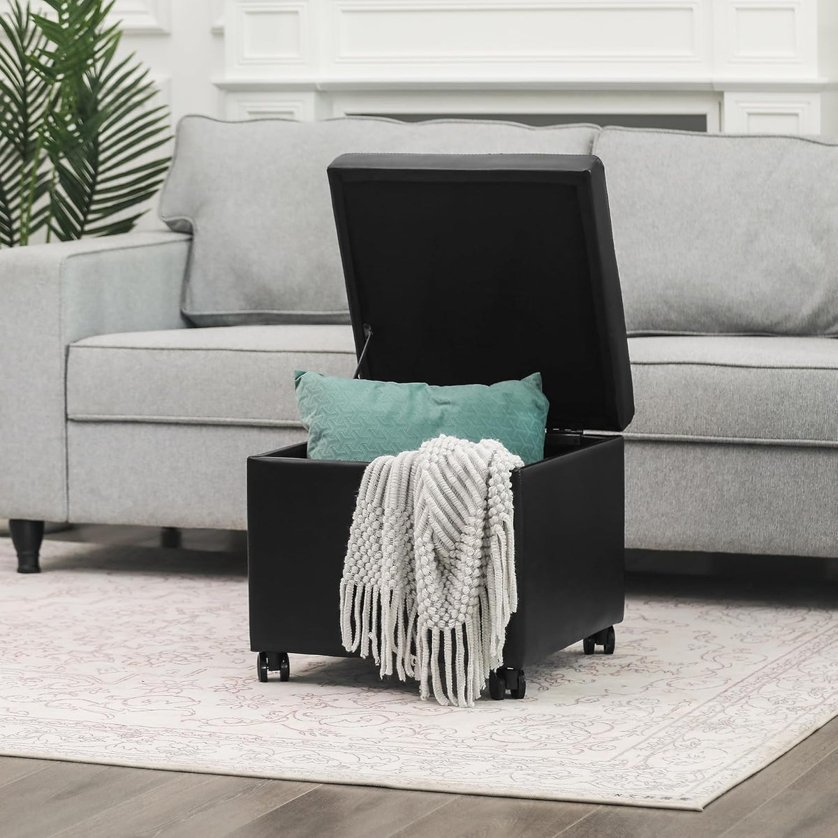 Adeco 17.7" Leather Ottoman with Wheels, Black Square Rolling Ottoman with Storage, Upholstered