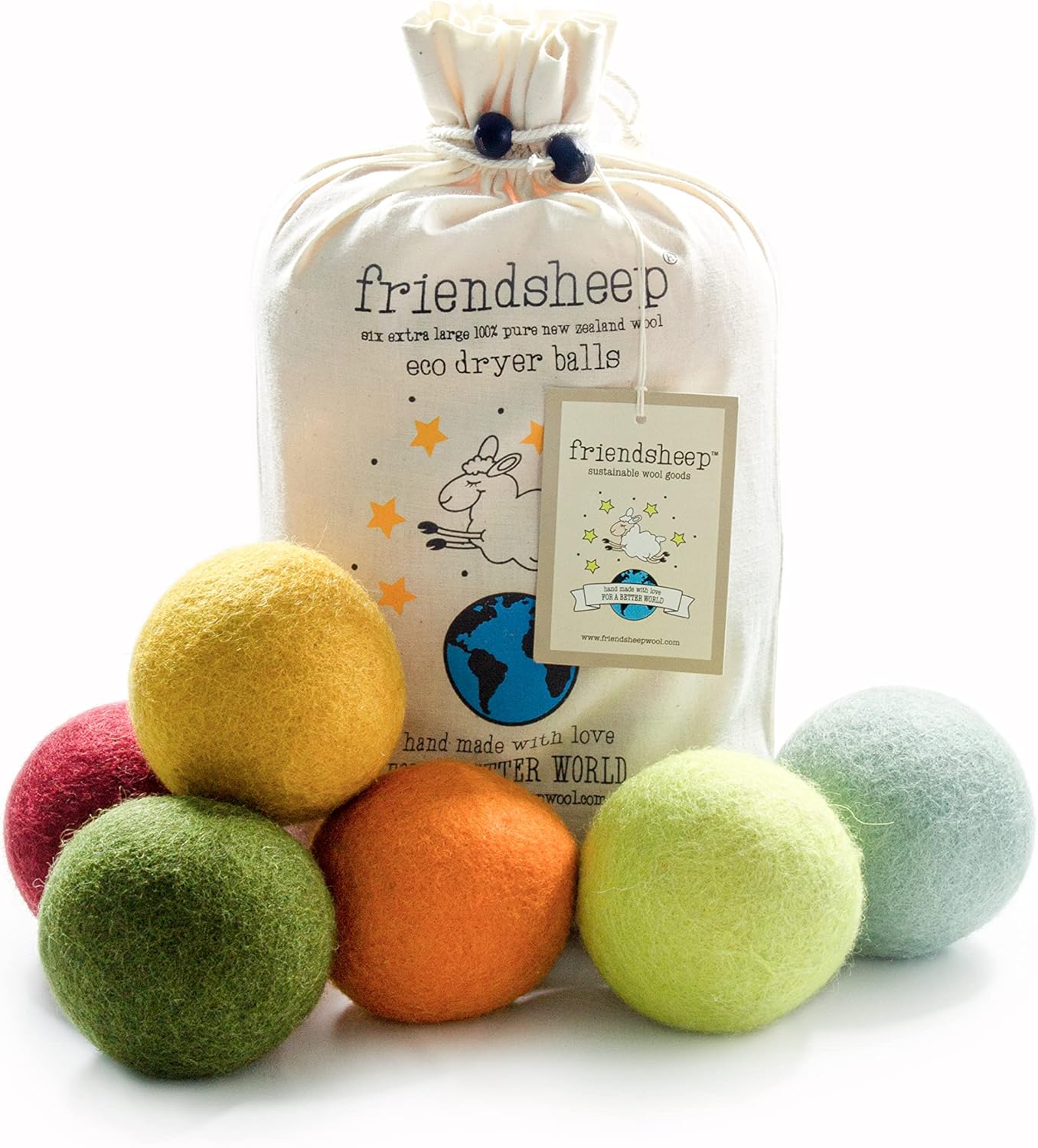 Friendsheep Wool Dryer Balls 6 Pack XL Organic Premium Reusable Cruelty Free Handmade Fair Trade No