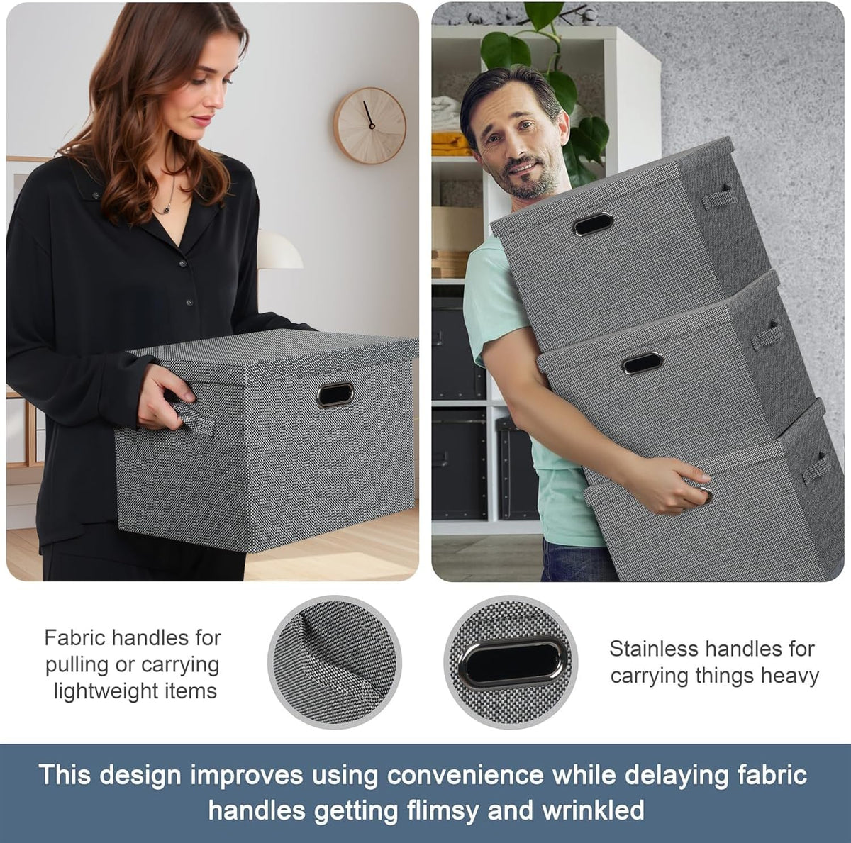 Large 17" 36 Quart Collapsible Stackable Storage Bins with Lids, 3 Packs Black and White Mix Linen