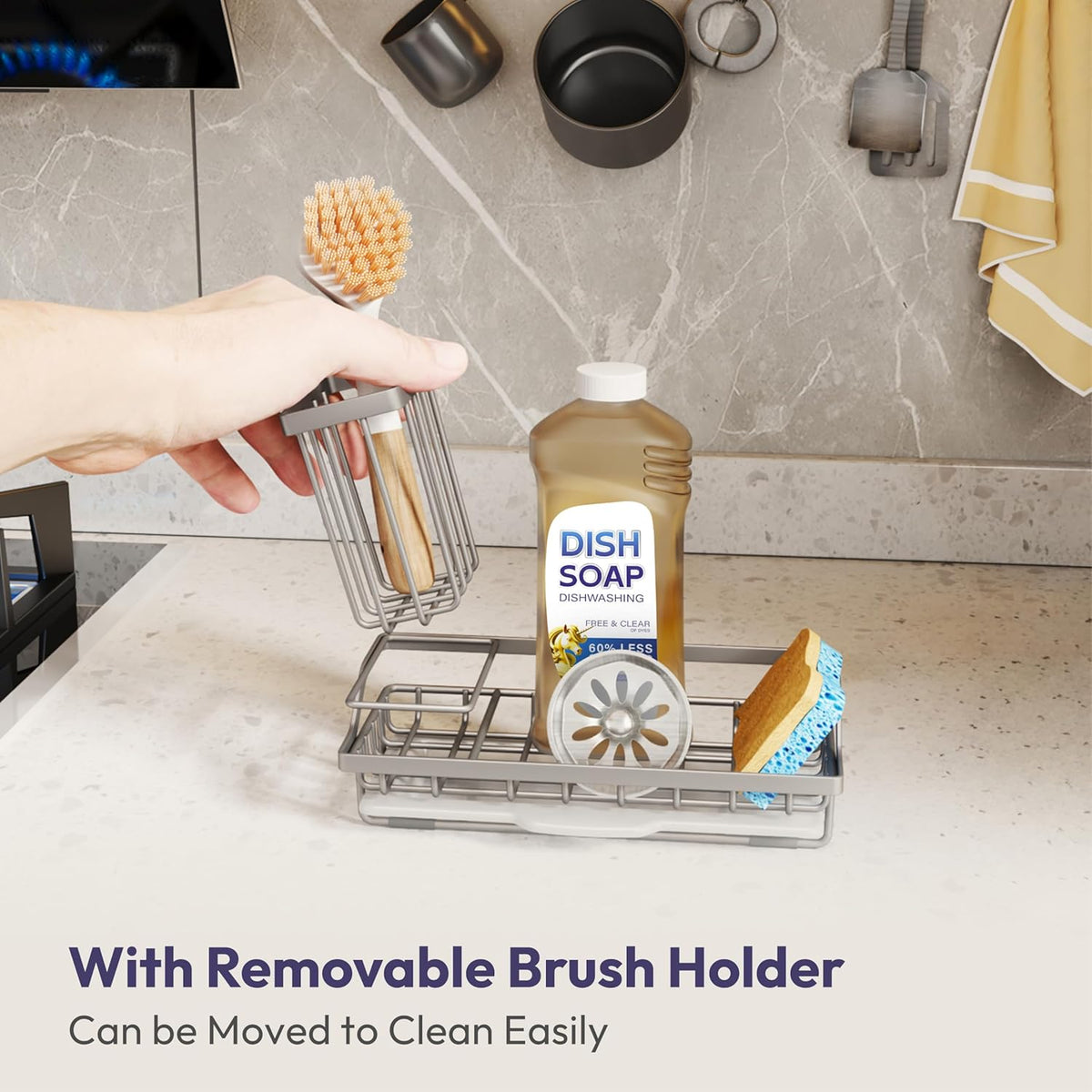 SWTYMIKI Sink Caddy Sponge Holder - Kitchen Sink Organizer with High Brush Holder for Countertop to
