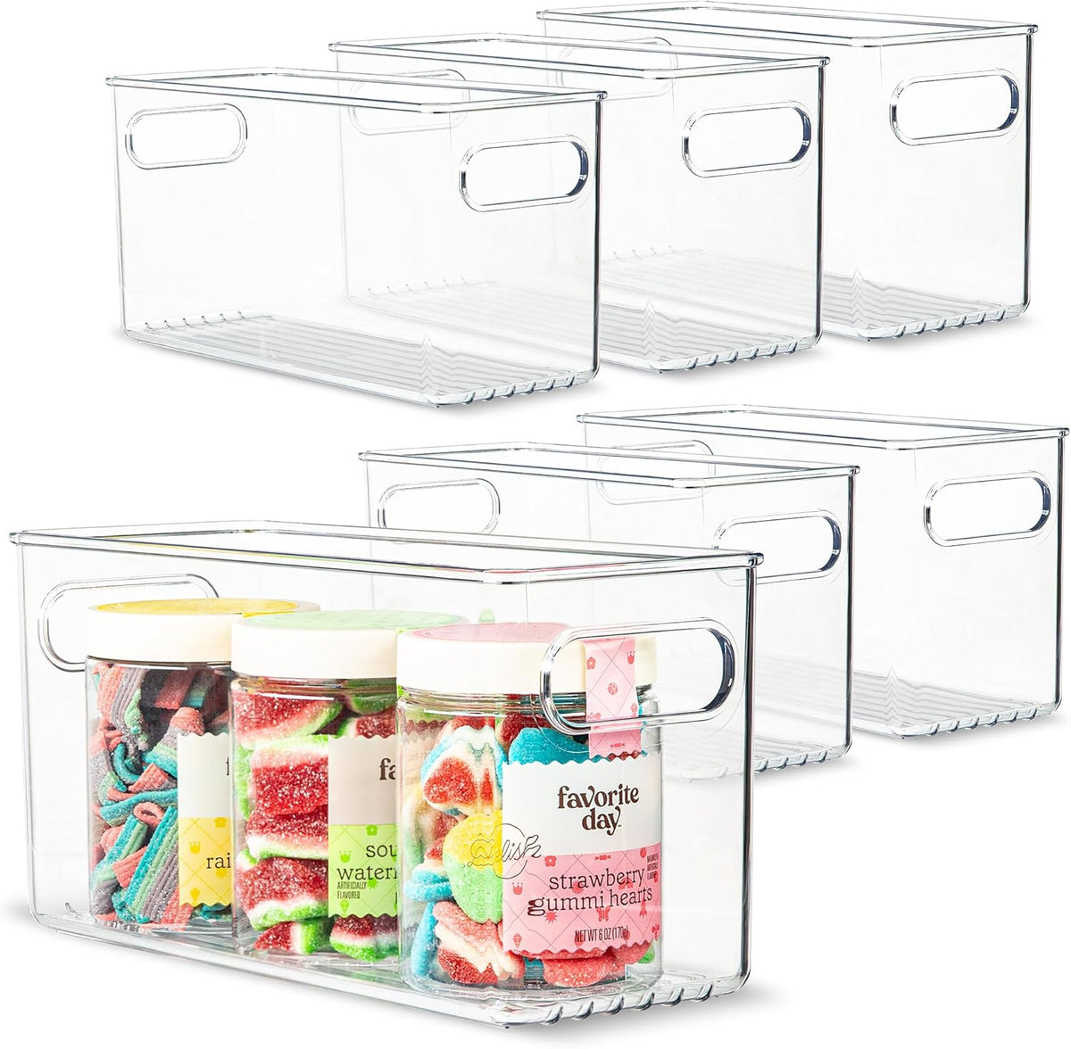 Plastic Food Storage 6 Pack Clear Container Bin with Handles for Organizing Kitchen, Pantry