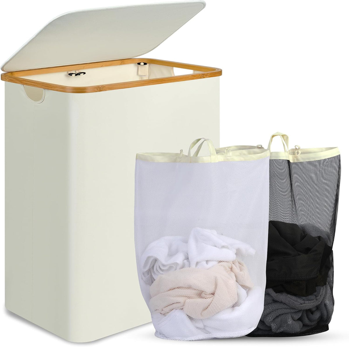 efluky Laundry Hamper with Lid, 160L Tall Laundry Basket with Bamboo Handles for Clothes and Toys