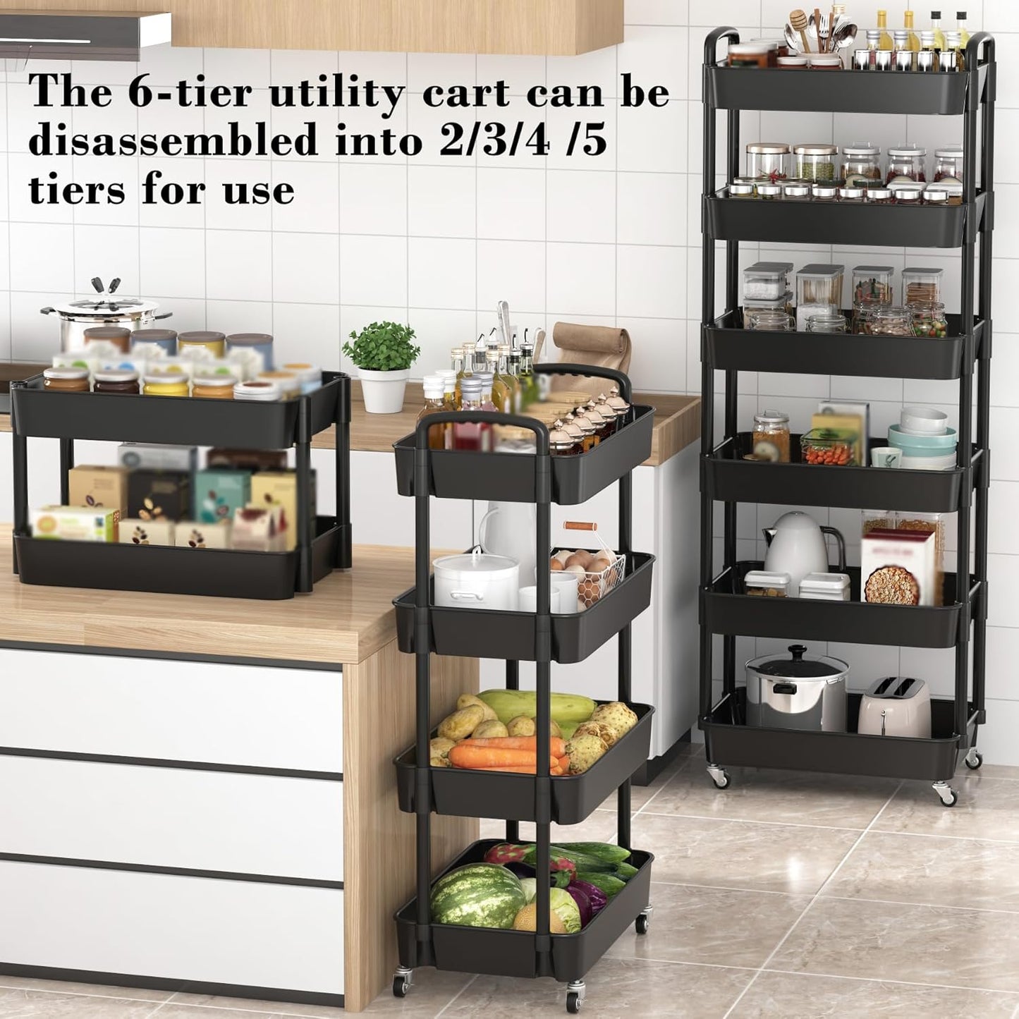 Sywhitta 6-Tier Plastic Rolling Utility Cart with Handle, Multi-Functional Storage Trolley for
