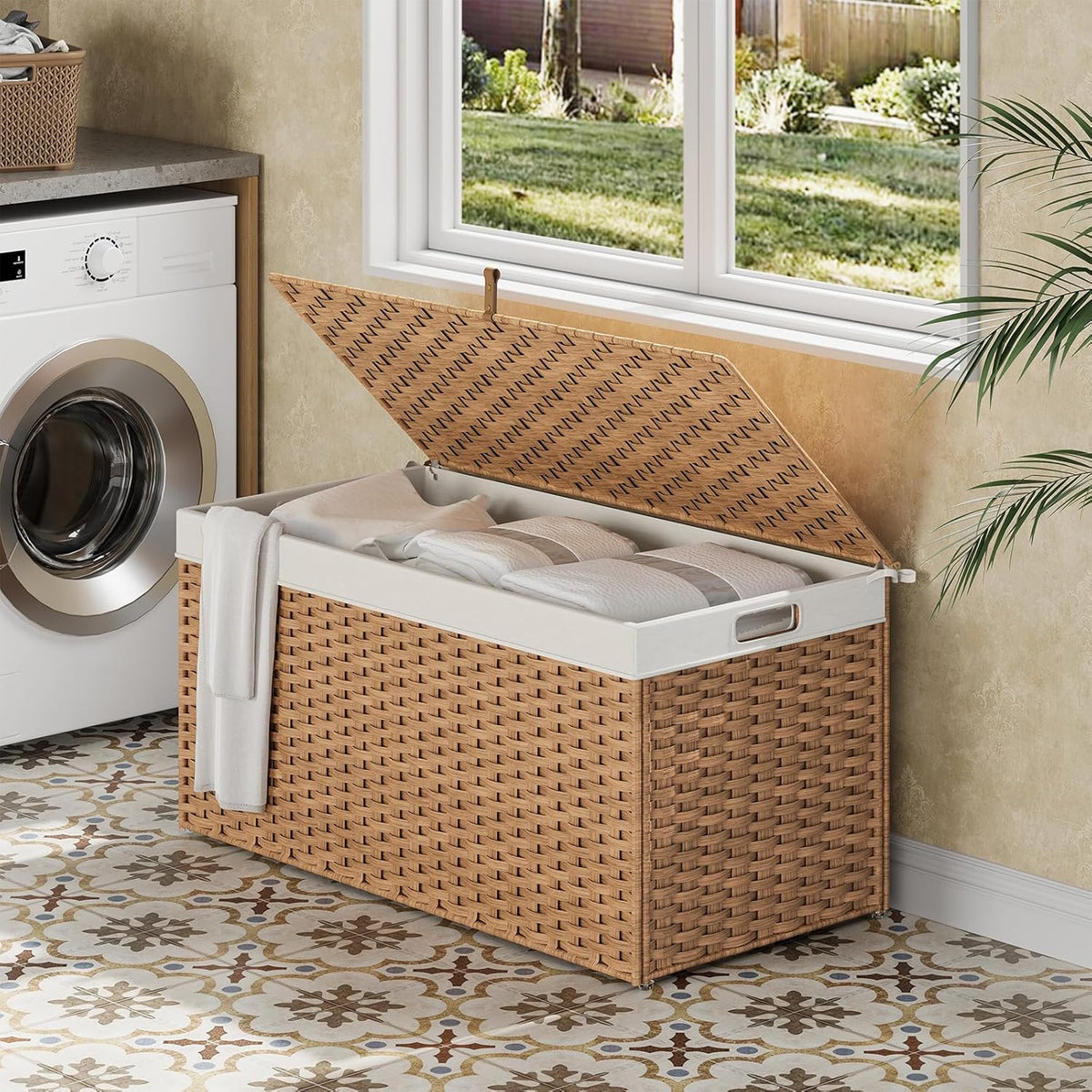 HOOBRO Storage Basket with Lid, 52.8 Gallon (200L) Wicker Basket, Handwoven Blanket Storage Basket