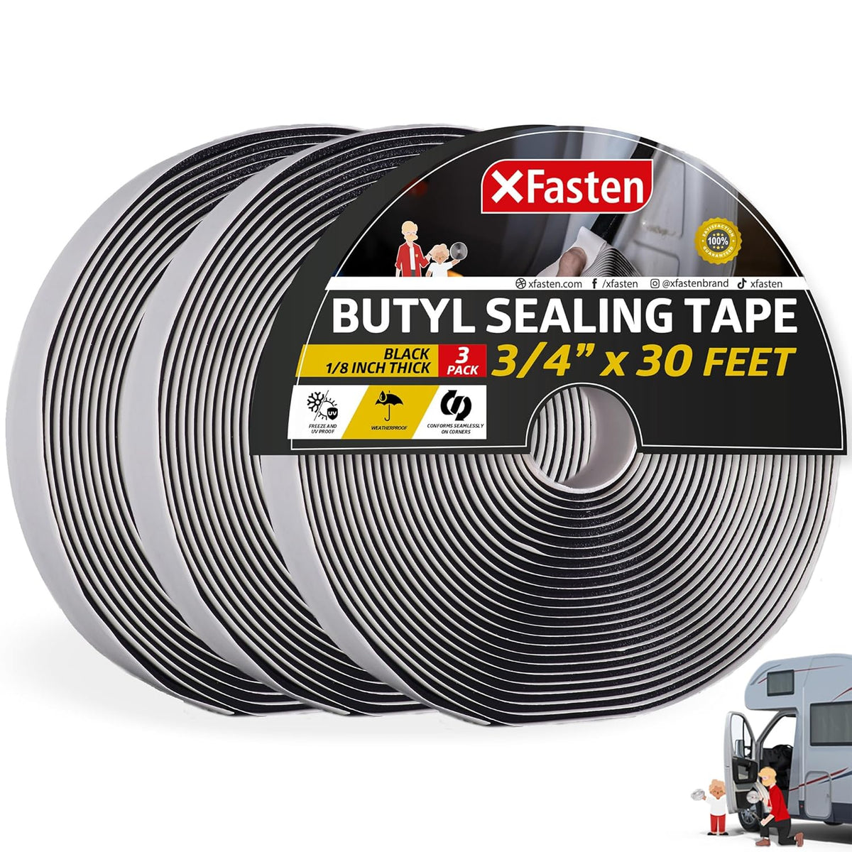 XFasten Butyl Putty Tape, Black, 1/8" x 3/4" x 30' (3-Pack) EDPM Butyl Rubber Sealant, Stretchable