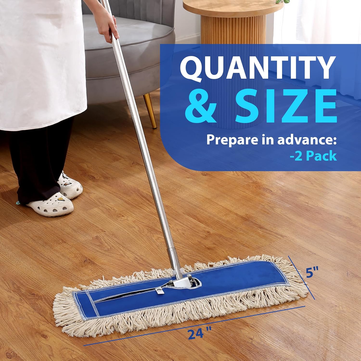 2 Pack - 24" Wide X 5 Cotton Floor Dust Mop Head Refill Short Fiber for Easy Sweep - Replacement