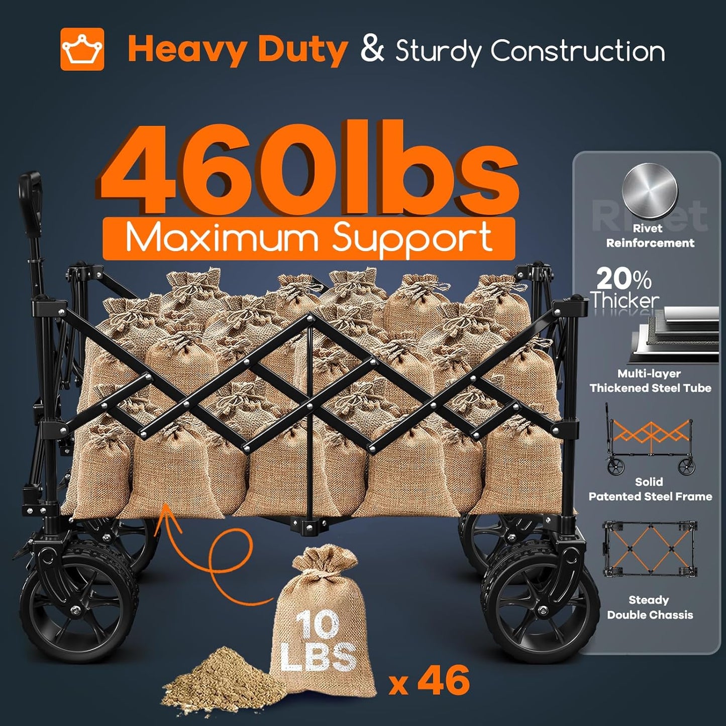 220L Collapsible Wagon Cart Foldable, 460lbs Load Capacity Heavy Duty Folding Beach Wagons with Big