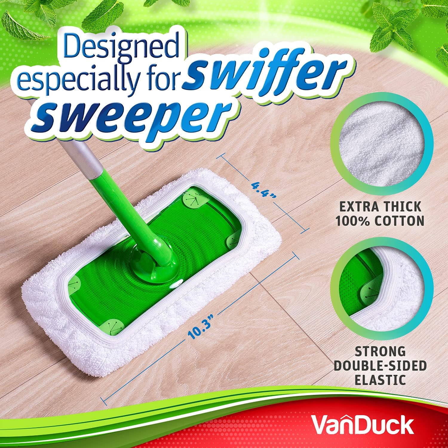 VanDuck Reusable 100% Cotton Mop Pads Compatible with Swiffer Sweeper (2-Pack), Terry Cloth Mop
