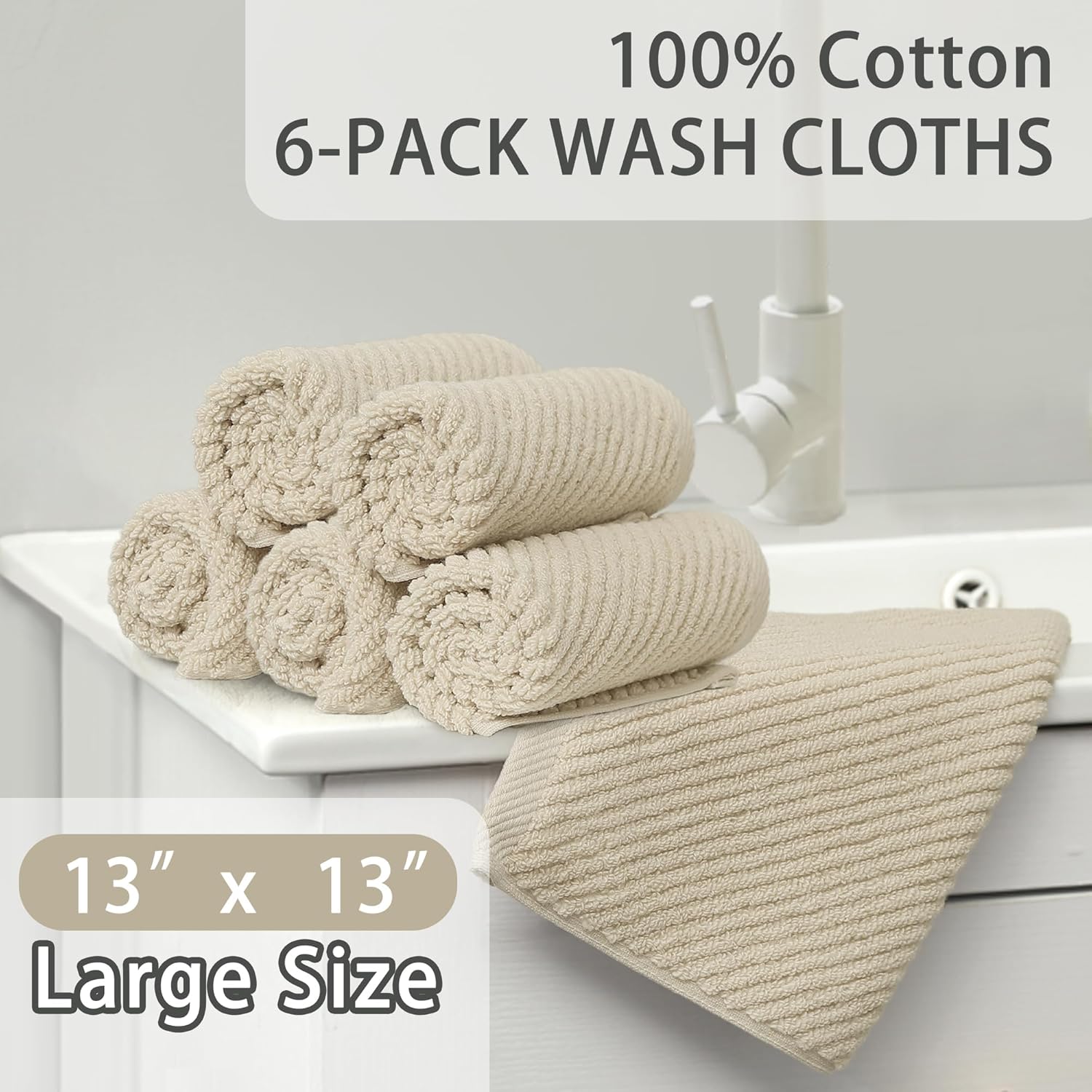 Cotton Washcloths - 6PC 13"x13" | Quick Dry | Soft | Light Weight | Absorbent | Hotel Quality