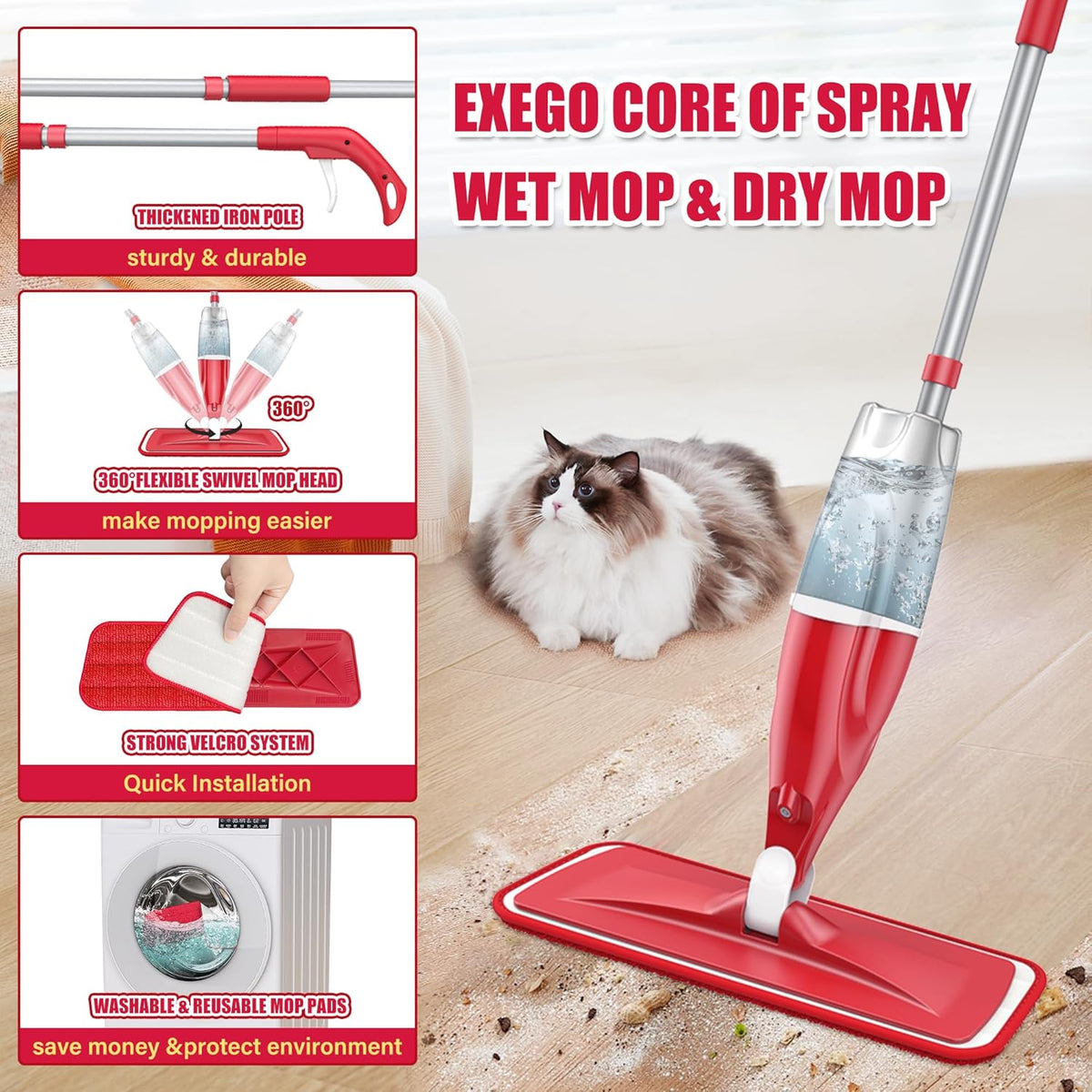 Spray Wet Mops for Hardwood Floor Cleaning: EXEGO Microfiber Dry Dust Spray Mop with 3 Washable