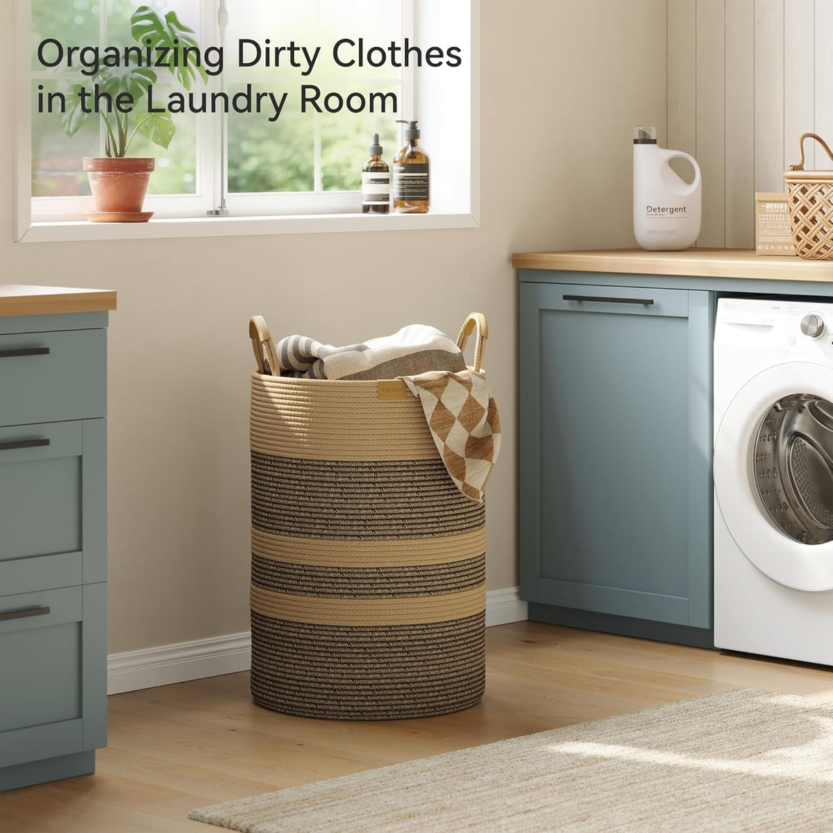 95L Striped Laundry Hamper with Leather Handles,Large Foldable Laundry Basket for Clothes,Cotton