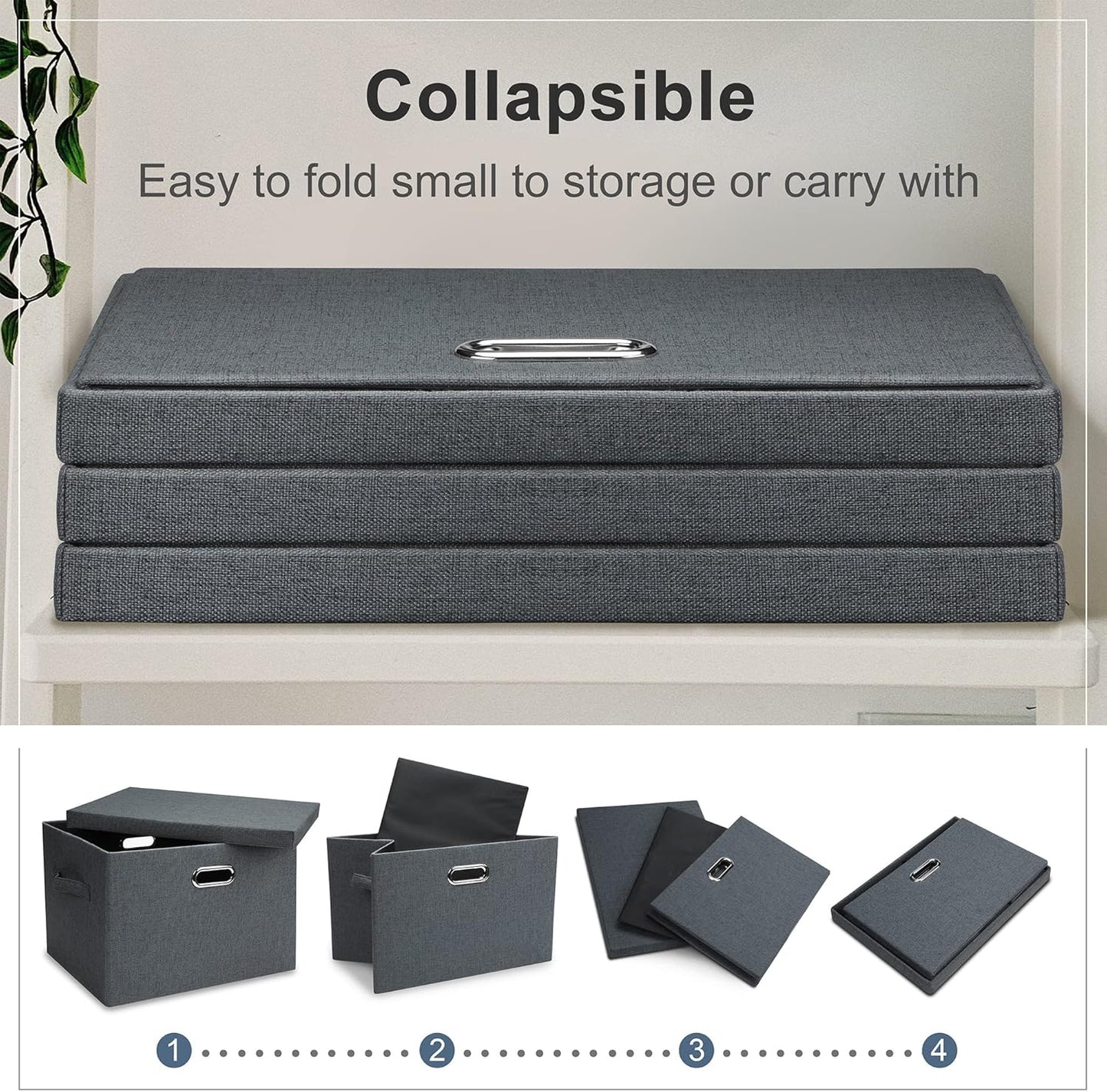 Large 17" 36 Quart Collapsible Stackable Storage Bins with Lids, 3 Packs Dark Gray Foldable Fabric