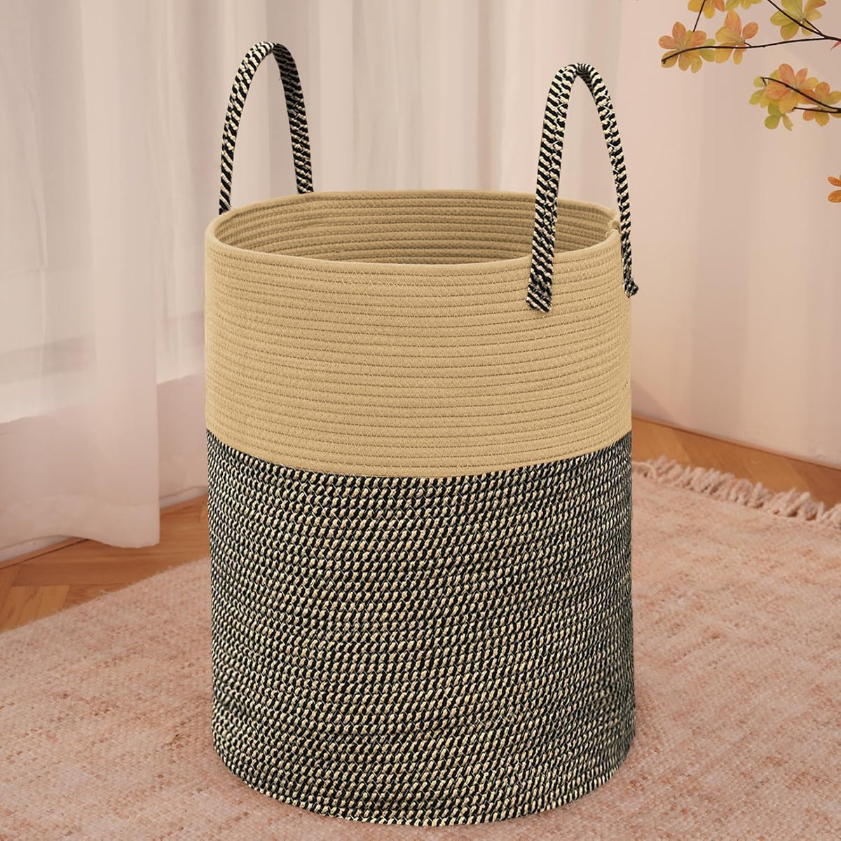 Large Woven Laundry Basket Hamper,60L Cotton Rope Storage Bin for Blankets,Toys and