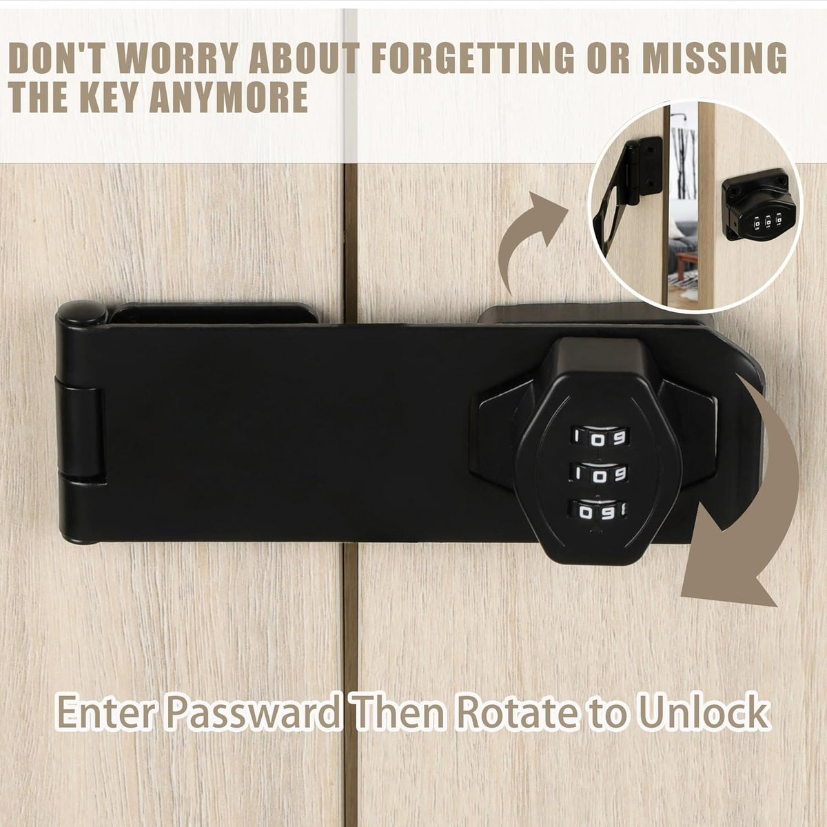 Password Rotary Hasp Locks, Digit Combination Lock Door Security Slide Latch Door Lock for Drawers