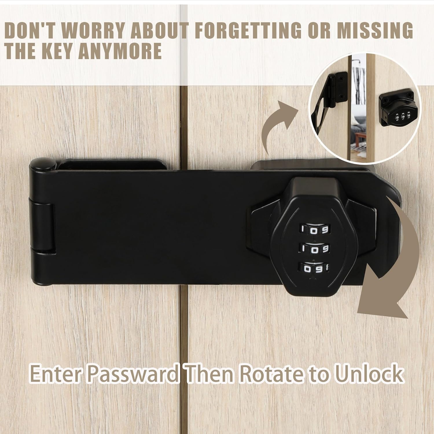 Password Rotary Hasp Locks, Digit Combination Lock Door Security Slide Latch Door Lock for Drawers