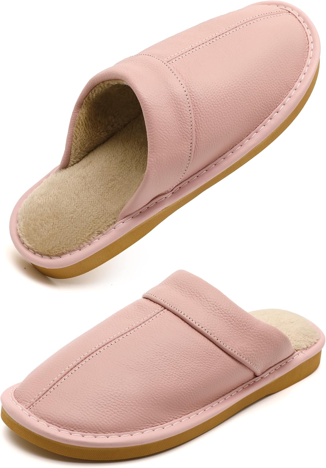 Slippers for Women Men, Genuine Leather Slippers Indoor Outdoor, Fuzzy Bedroom House Shoes for