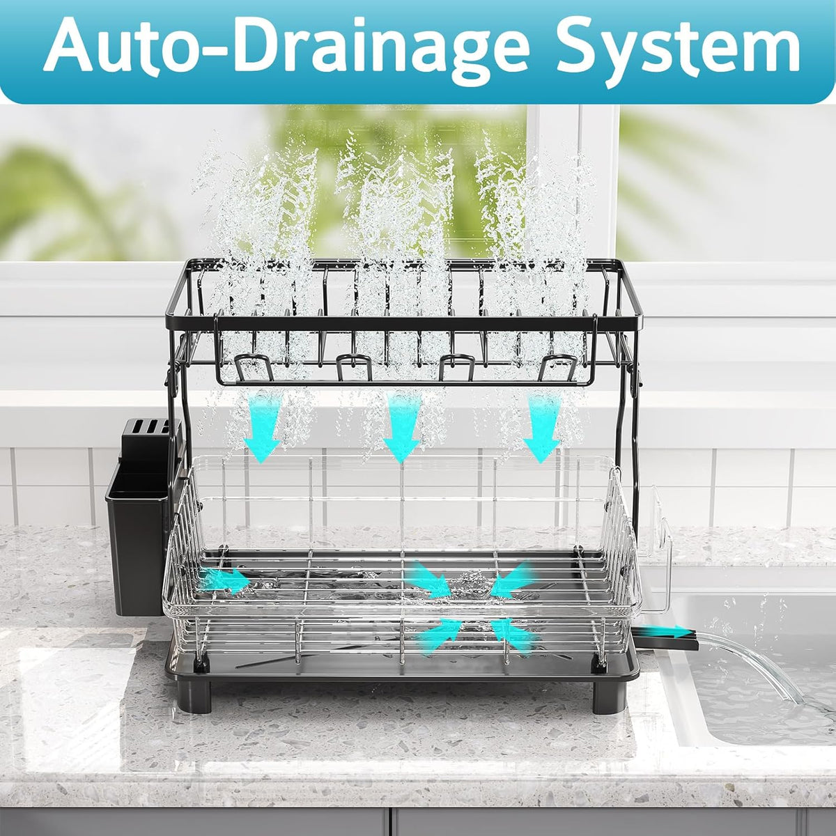 Dish Drying Rack - 2 Tier Large Capacity Dish Rack- Dish Racks for Kitchen Counter with Drainboard