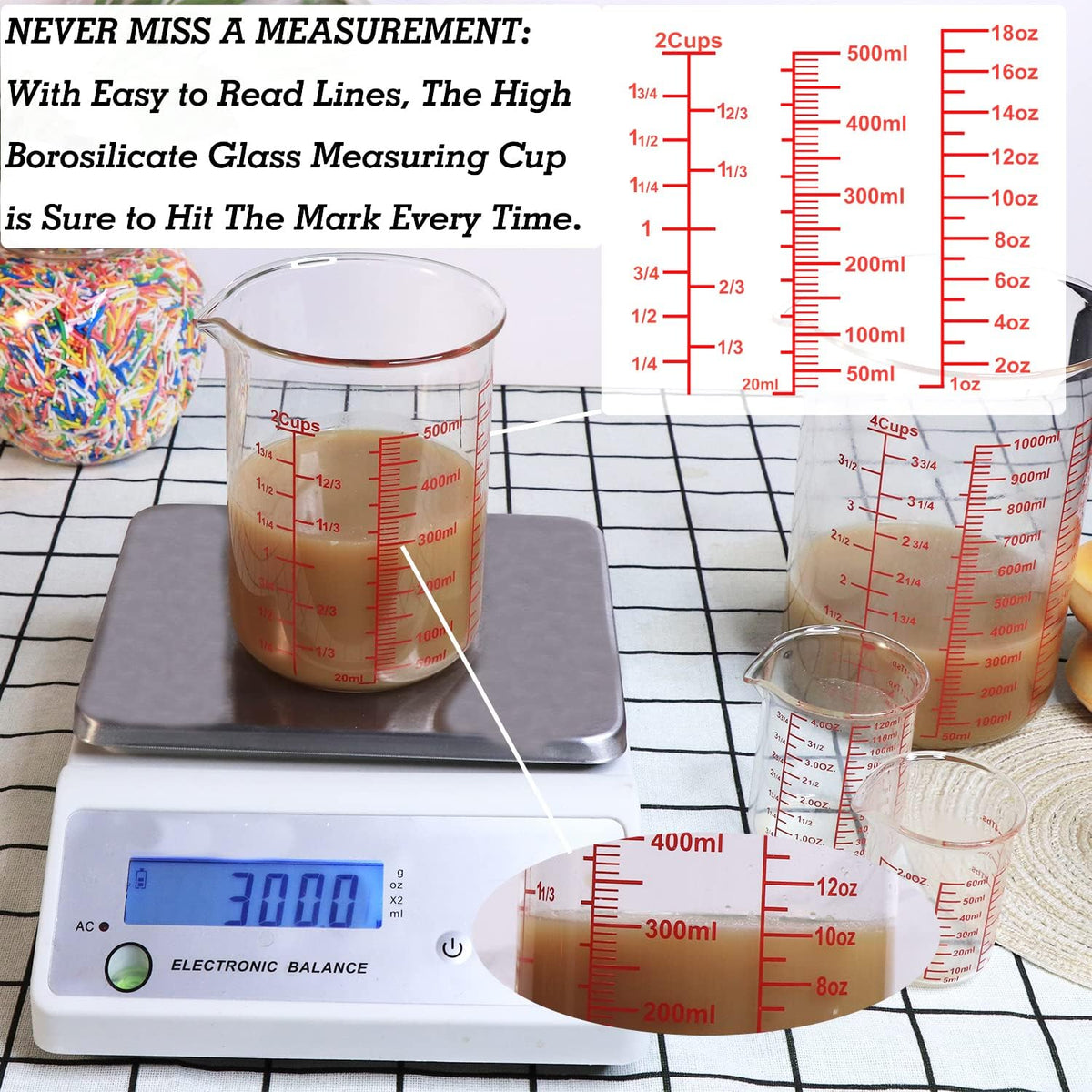 High Borosilicate Glass Measuring Cup-V-Shaped Spout，Glass Measuring Beaker for Kitchen or