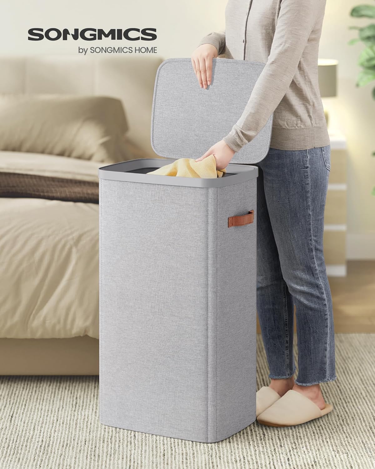 SONGMICS Laundry Basket, 26.4 Gal. Laundry Hamper, Easy Assembly, with Lid and Handles, Removable