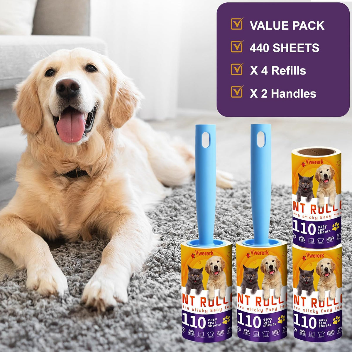 Lint Rollers for Pet Hair Extra Sticky, 440 Sheets/4 Lint Roller Refills with 2 Durable Handles