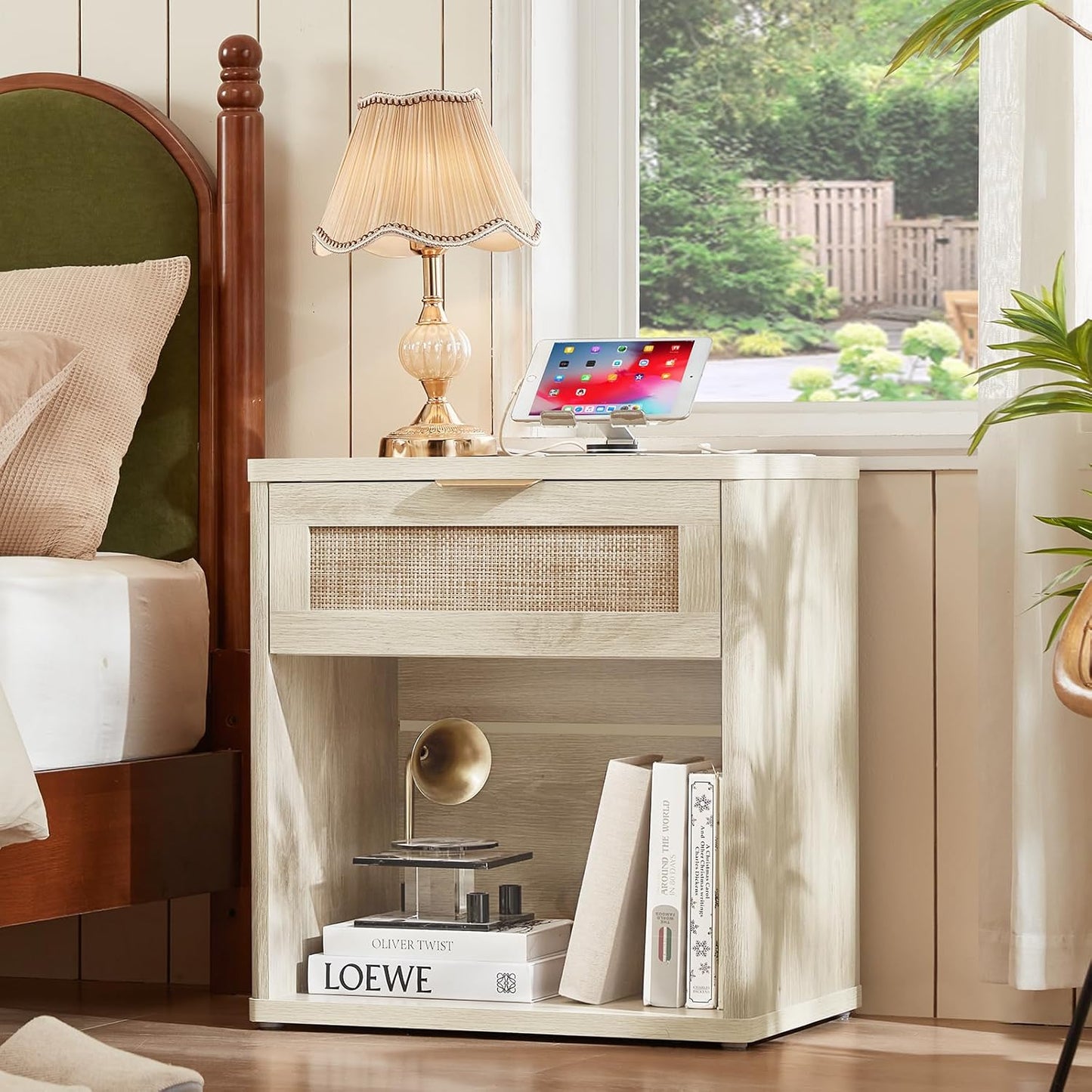 LEYAOYAO Rattan Nightstand with Charging Station, 23" Wide Boho Night Stand with Drawer, Grey White