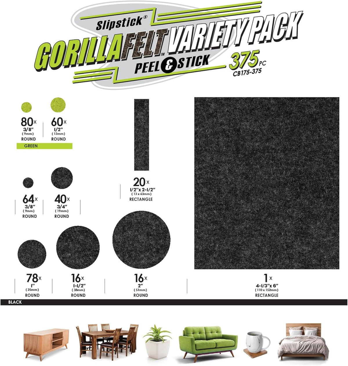 Slipstick Gorilla Felt Furniture Pads (375 Piece Variety Pack) Premium Furniture Pads & Chair Leg