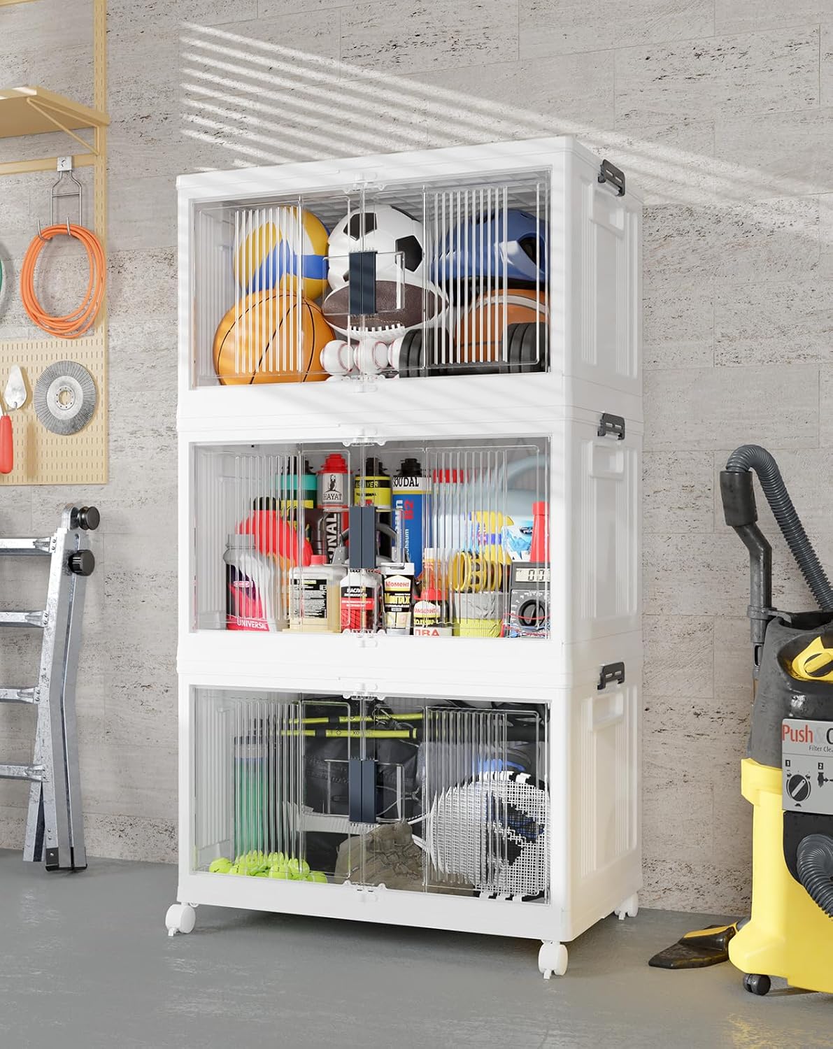 OlarHike 97QT Stackable Storage Bins with Lids - Folding Storage Box with Doors and Wheels