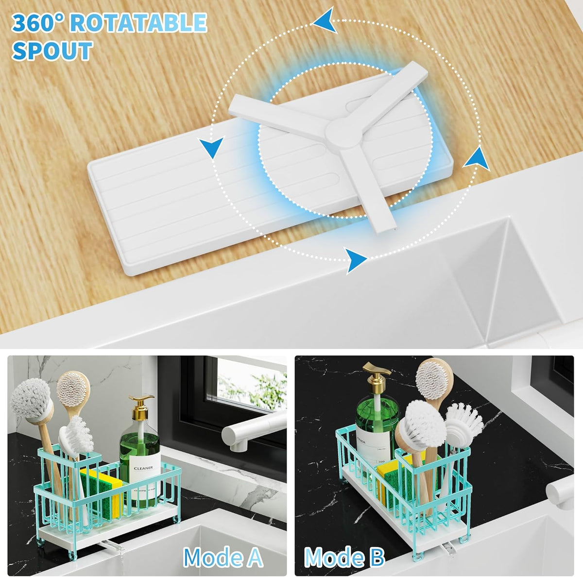 Cisily Turquoise Sponge Holder for Kitchen Sink, Sink Caddy Organizer with High Brush Holder