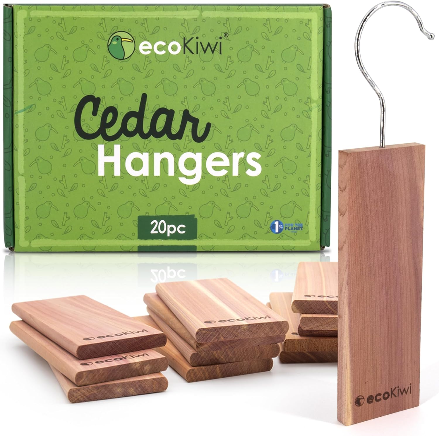 ecoKiwi Cedar Blocks for Clothes Storage - 20 Pack Hang Ups - 100% Natural Aromatic Cedar Planks