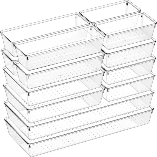 Criusia 14 PCS Clear Plastic Drawer Organizer Set - 5 Large Size Versatile Kitchen and Bathroom