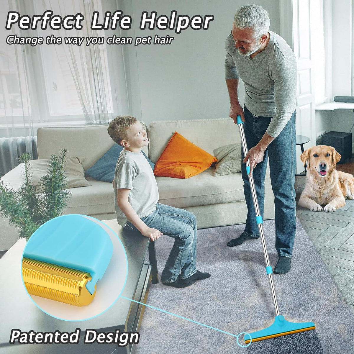 Carpet Rake for Pet Hair Removal - Reusable Pet Hair Remover, 60” Adjustable Long Handle Cat Dog