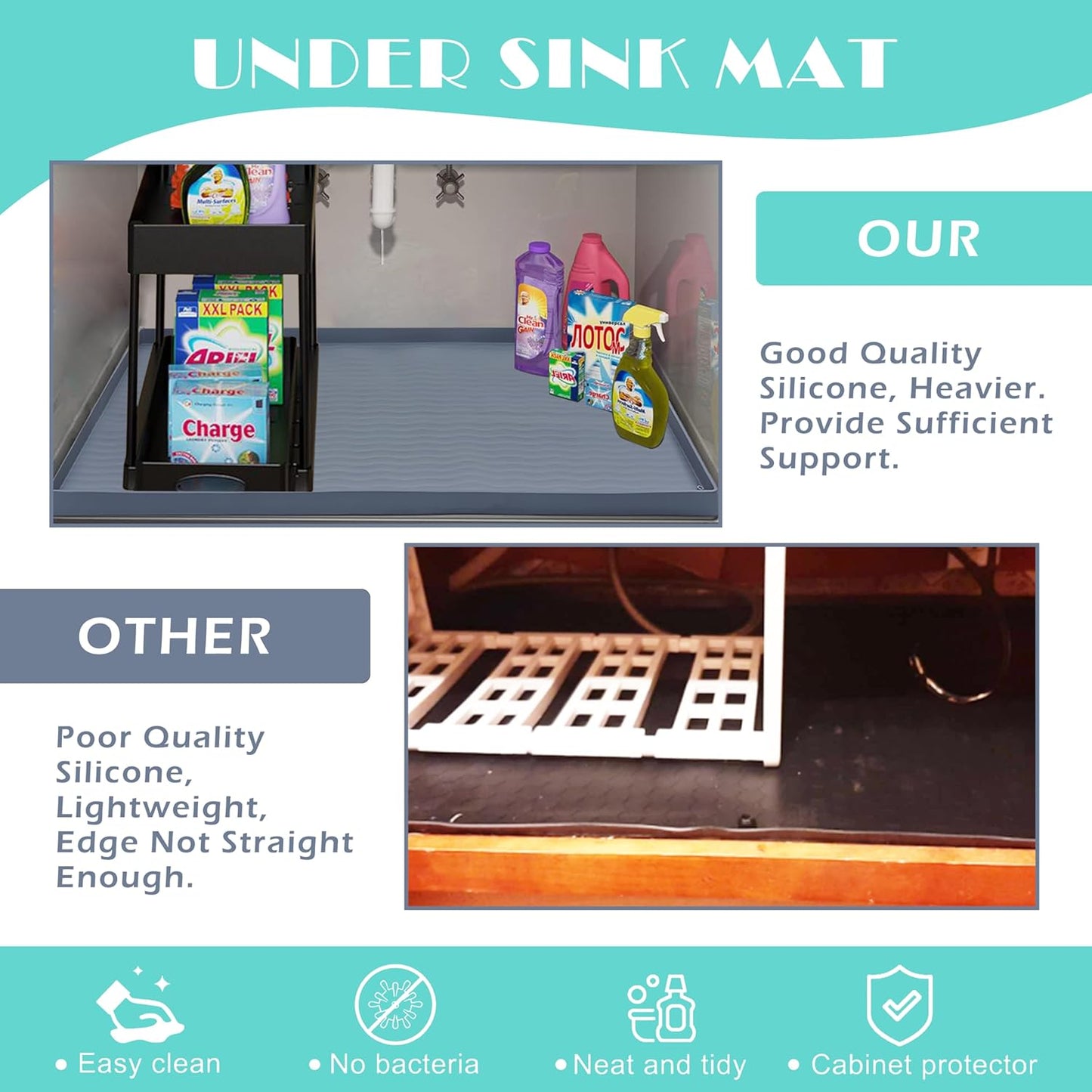 URMONA Waterproof Silicone Under Sink Mat 40'' x 22'' Shelf Liner for Kitchen and Bathroom, Cabinet