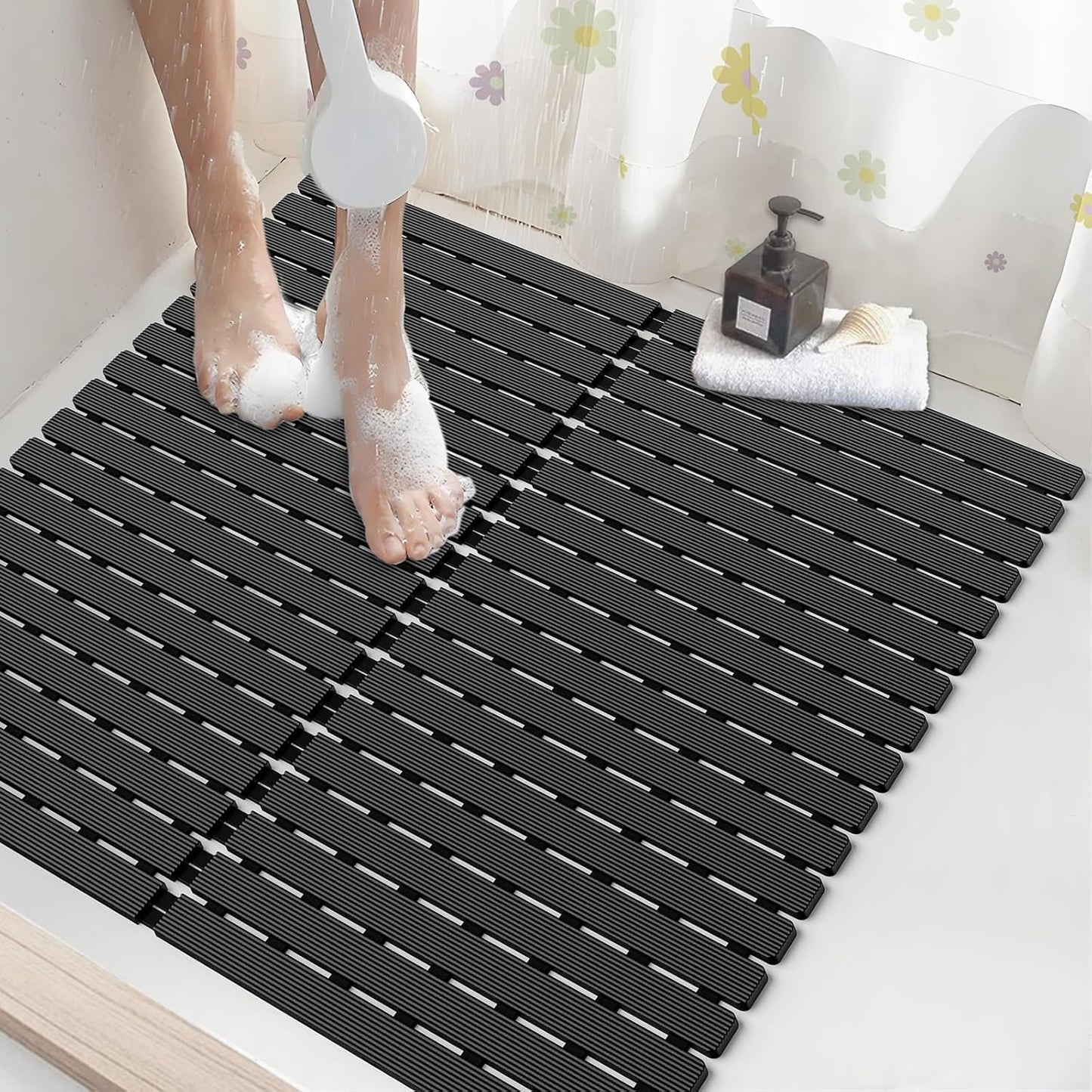 Shower Mat Non-Slip Bath Mat for Tub Floor & Stall with 200+ Suction Cups & Drain Holes, Quick Dry