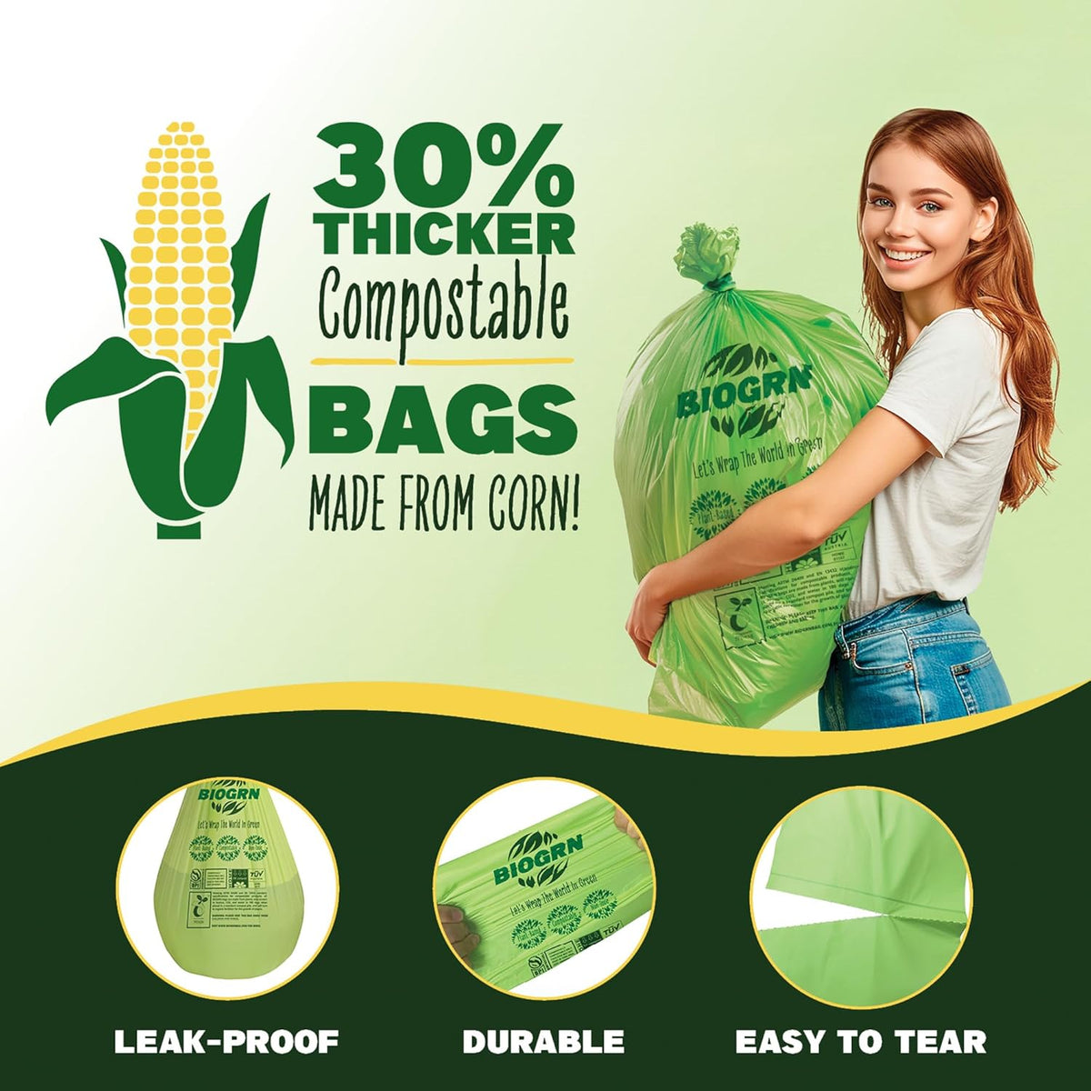30-33 Gallon Compostable Trash Bags Flat-Top 30 Bags Heavy Duty1.57 Mil, 124.92 Liter Large Lawn