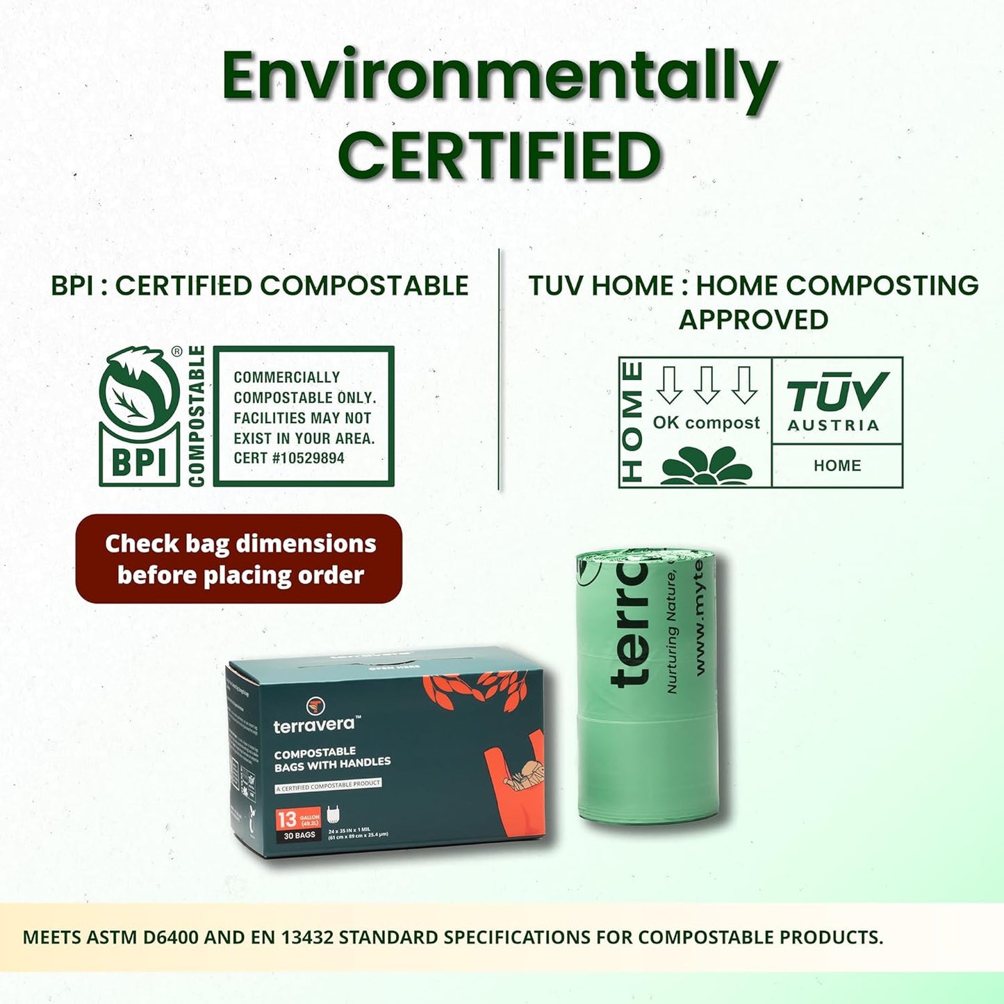 13 Gallon Compostable Trash Bags - Handle Tie | Extra Thick 1 mil|BPI & OK Home Certified ASTM
