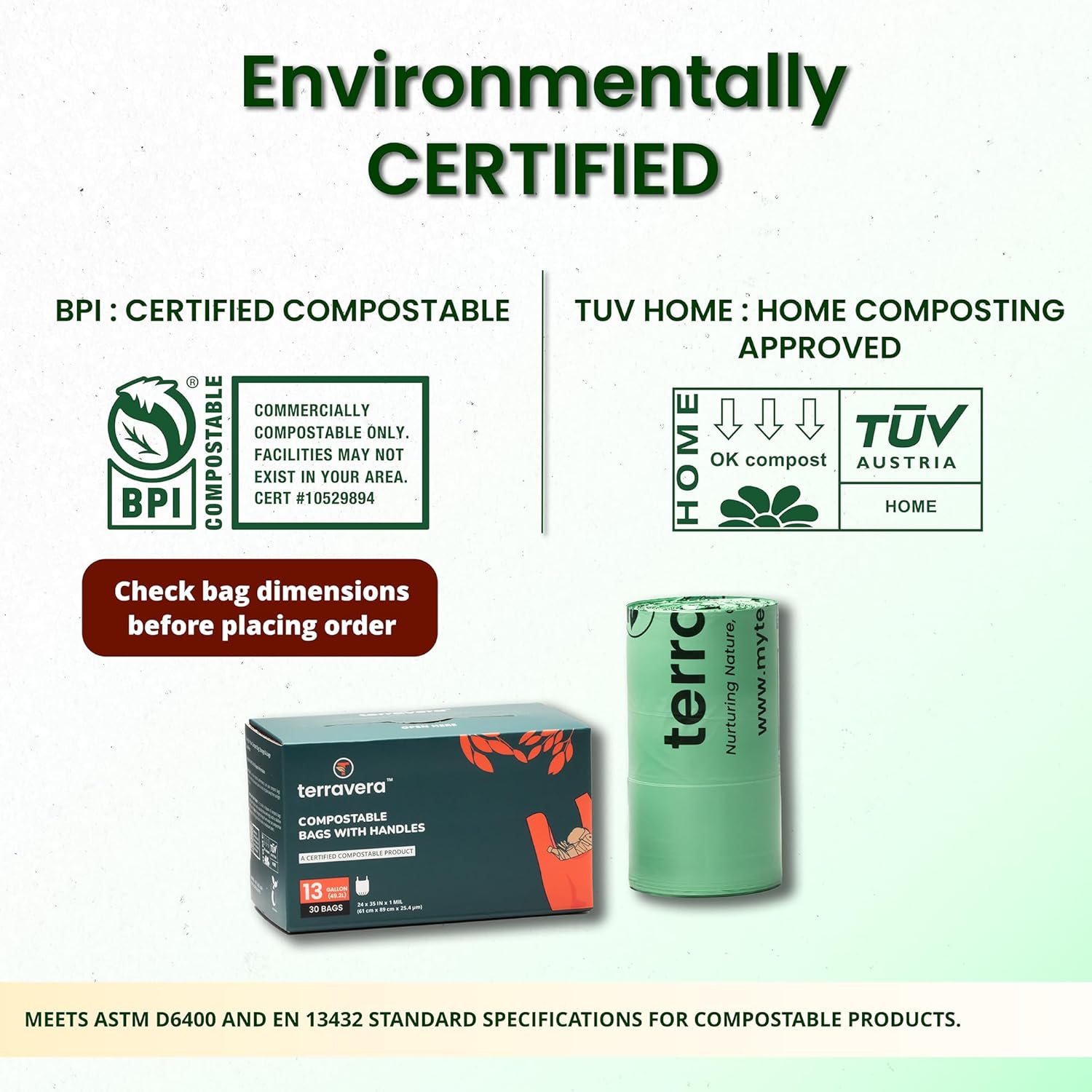 13 Gallon Compostable Trash Bags - Handle Tie | Extra Thick 1 mil|BPI & OK Home Certified ASTM