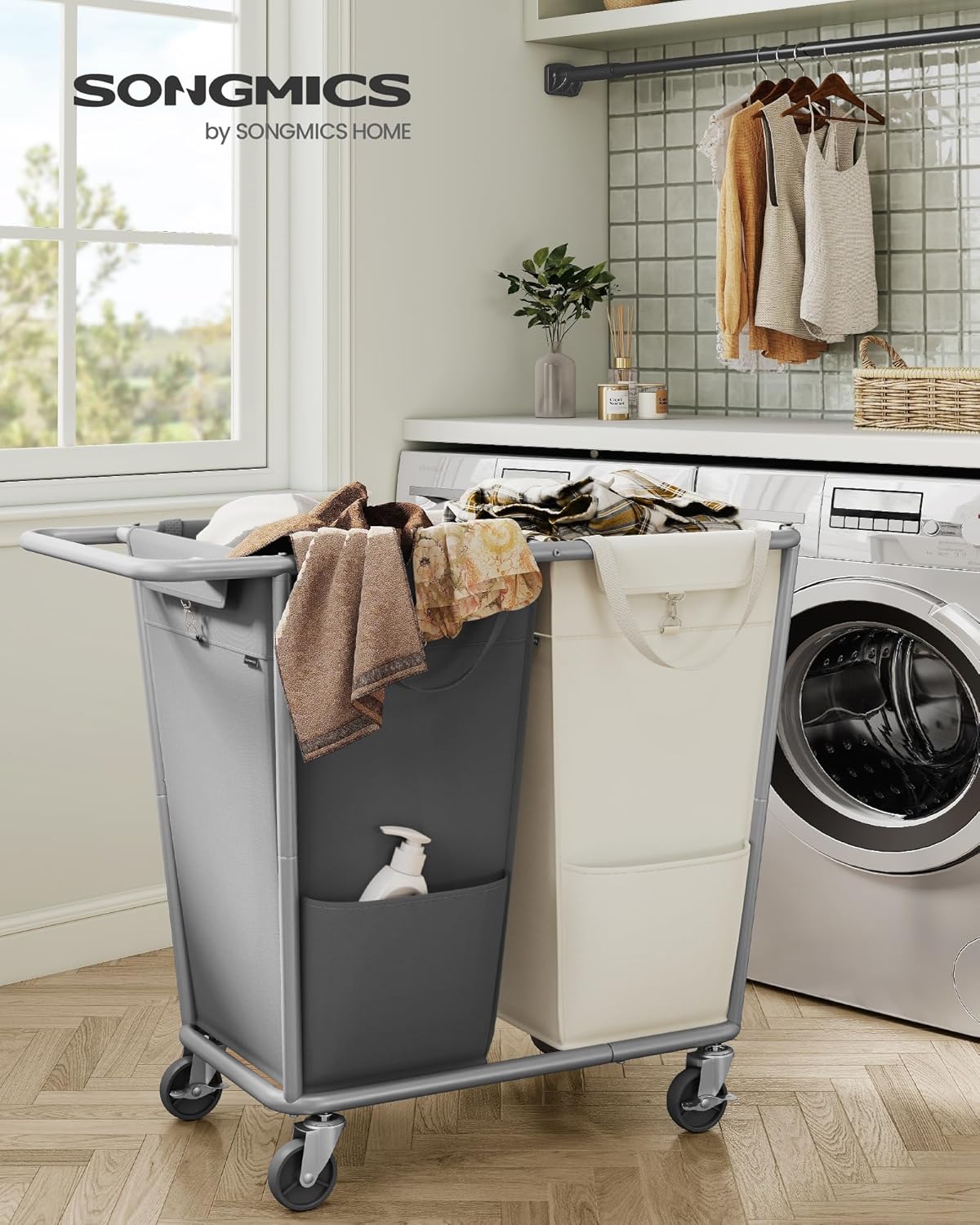 SONGMICS Laundry Basket with Wheels, 50.2 Gallons (190 L), 2-Section Rolling Laundry Hamper with