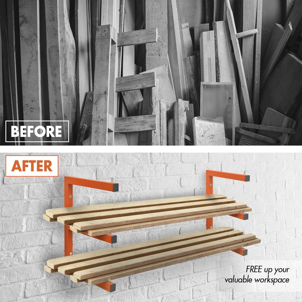 Lumber Storage Metal Rack Wall, Heavy Duty 3-Level Wall-Mounted Wood Rack Organizer for Garage