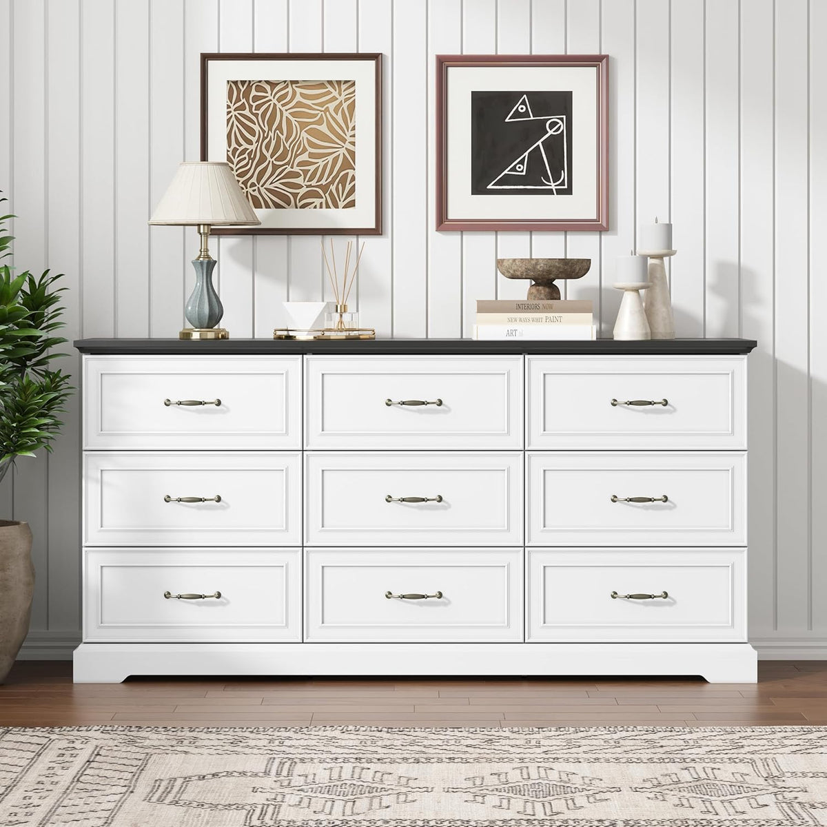 9 Drawer Dresser for Bedroom, 63" Wide Wooden Chest of Drawers, Rustic Farmhouse Dresser with Large