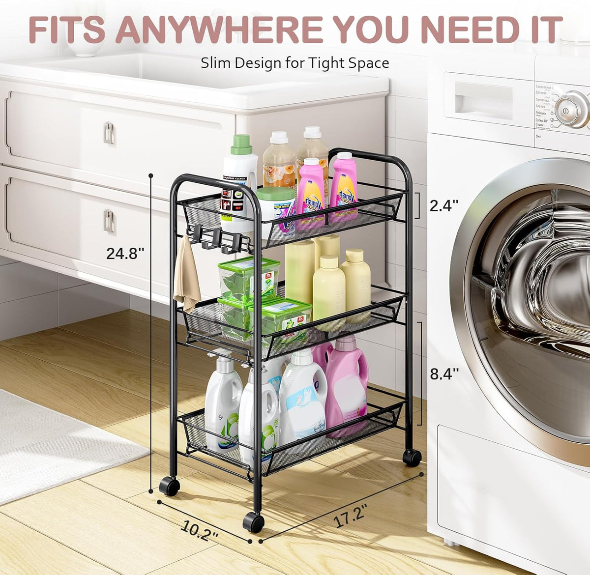 TOOLF 3-Tier Metal Rolling Cart, Mesh Wire Easy Assemble Utility Cart, Storage Trolley on Wheels