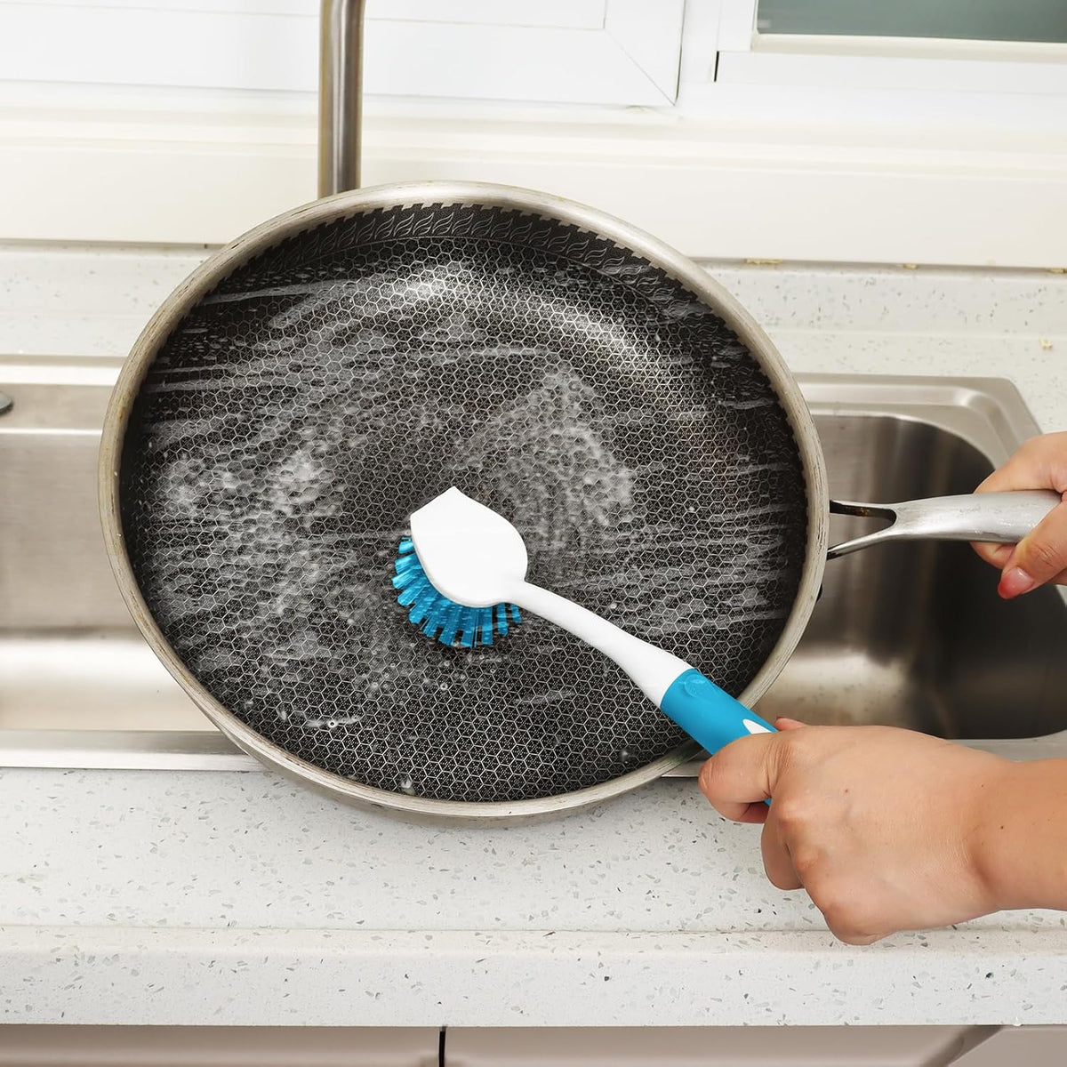 Dish Brush with Handle, 2 Pack Scrub Brushes with Built-in Scraper for Cleaning Kitchen, Pots, Pans